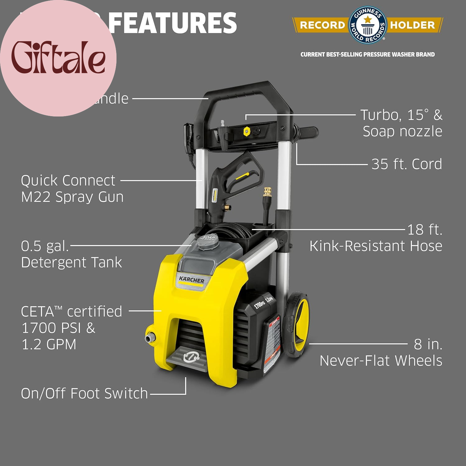 Pressure Washer K1700, CETA Certified, 3 Spray Nozzles, Detergent Tank, for Cars