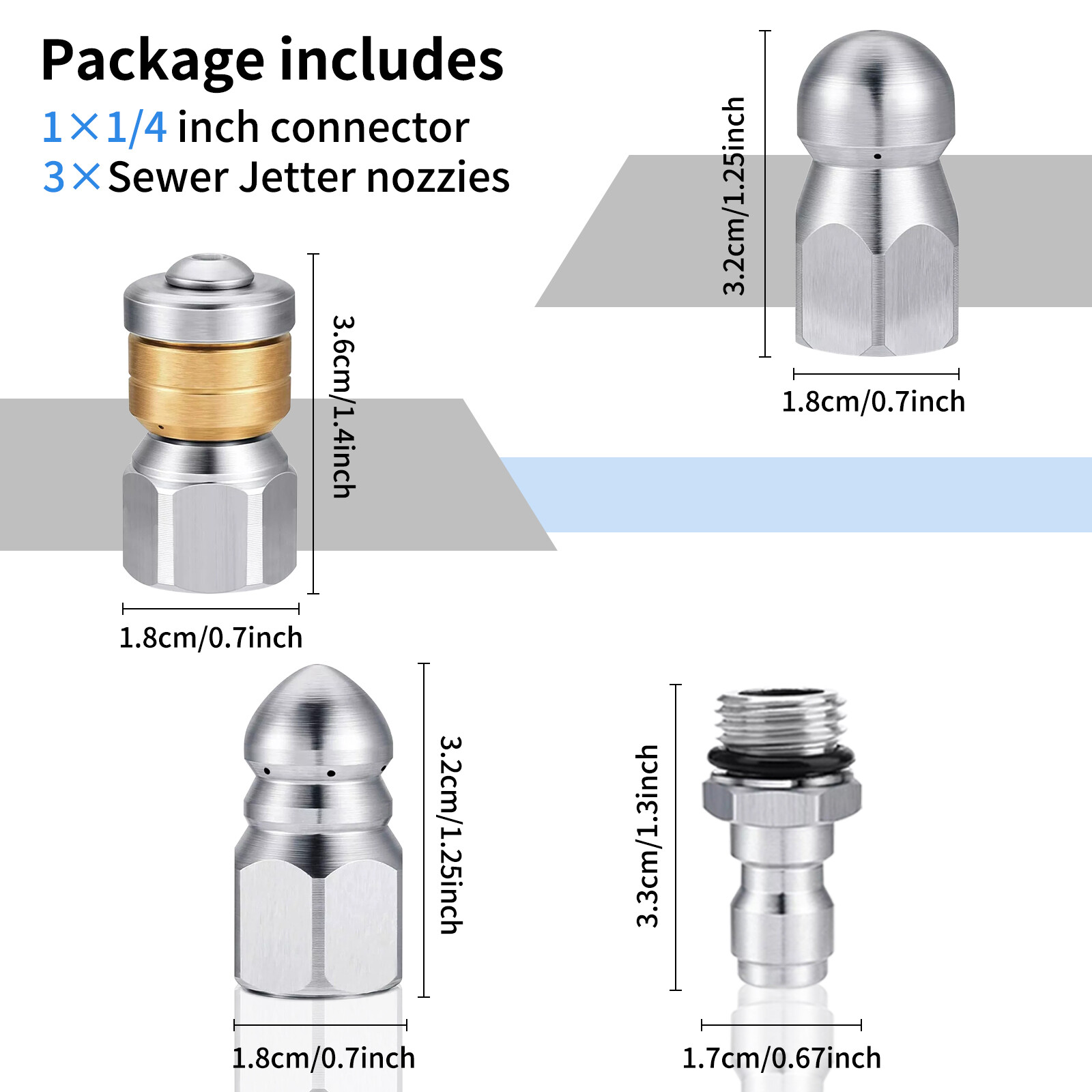3Pcs Sewer Jetter Nozzle Drain Jet Pressure Washer 1/4” Quick Connect 5000 PSI