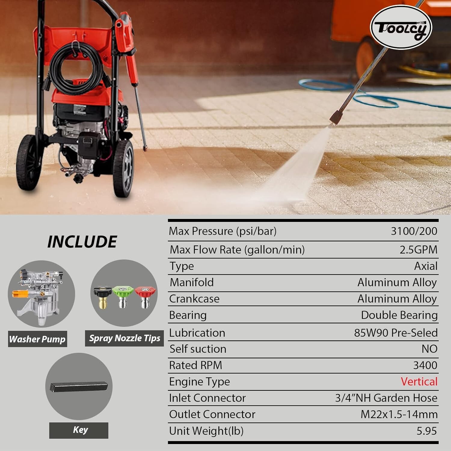 TOOLCY High Pressure Washer Pump 3100 PSI 7/8″ Shaft Vertical 2.5 GPM