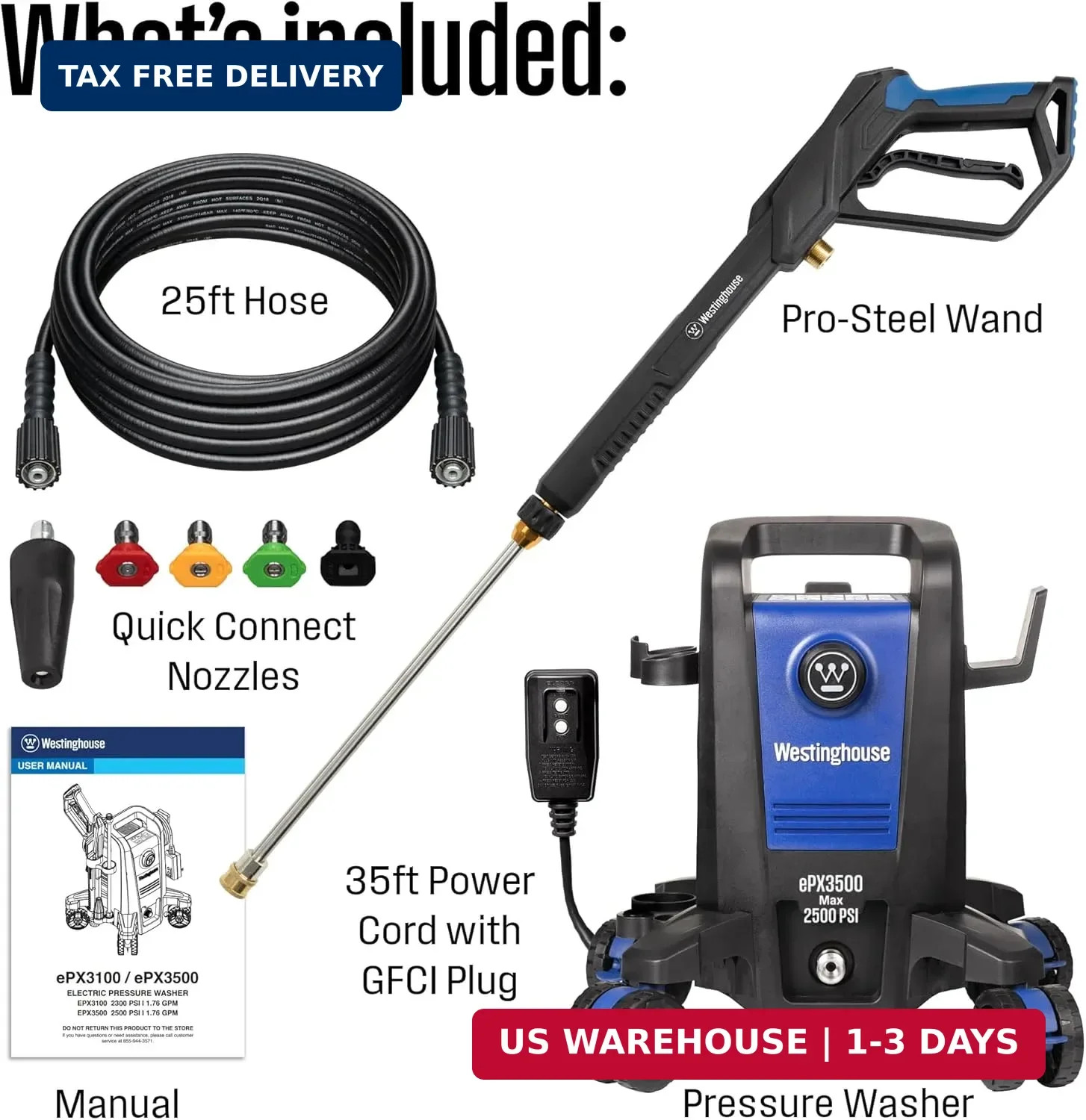 Westinghouse ePX3500 Electric Pressure Washer, 2500 Max PSI 1.76 Max GPM with An