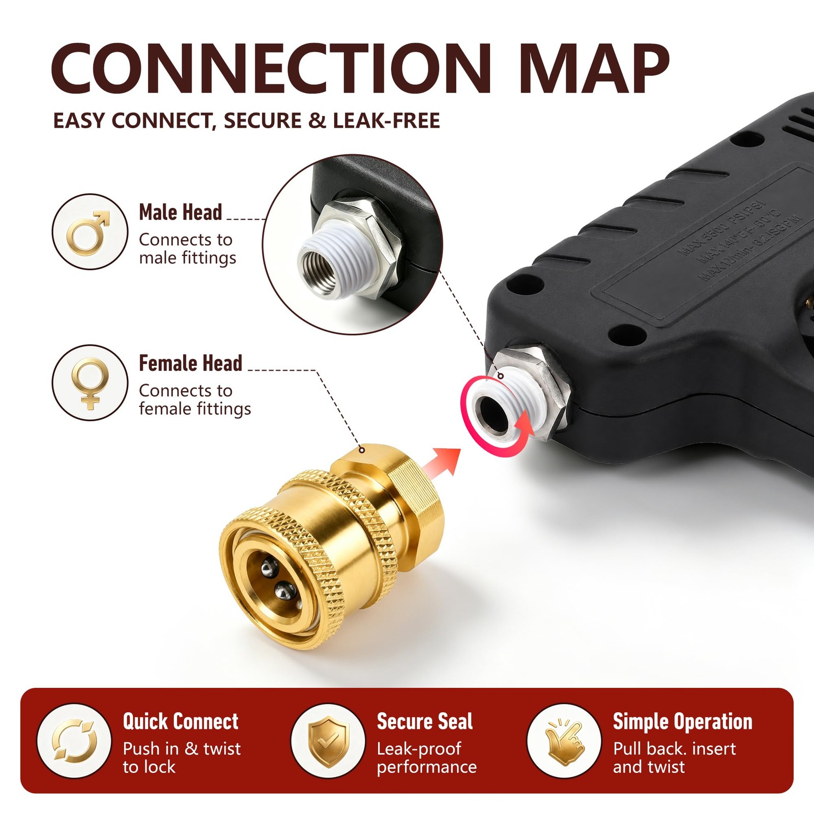 3 Pack Brass Pressure Washer Quick Connect Coupler 1/4 Inch Female NPT