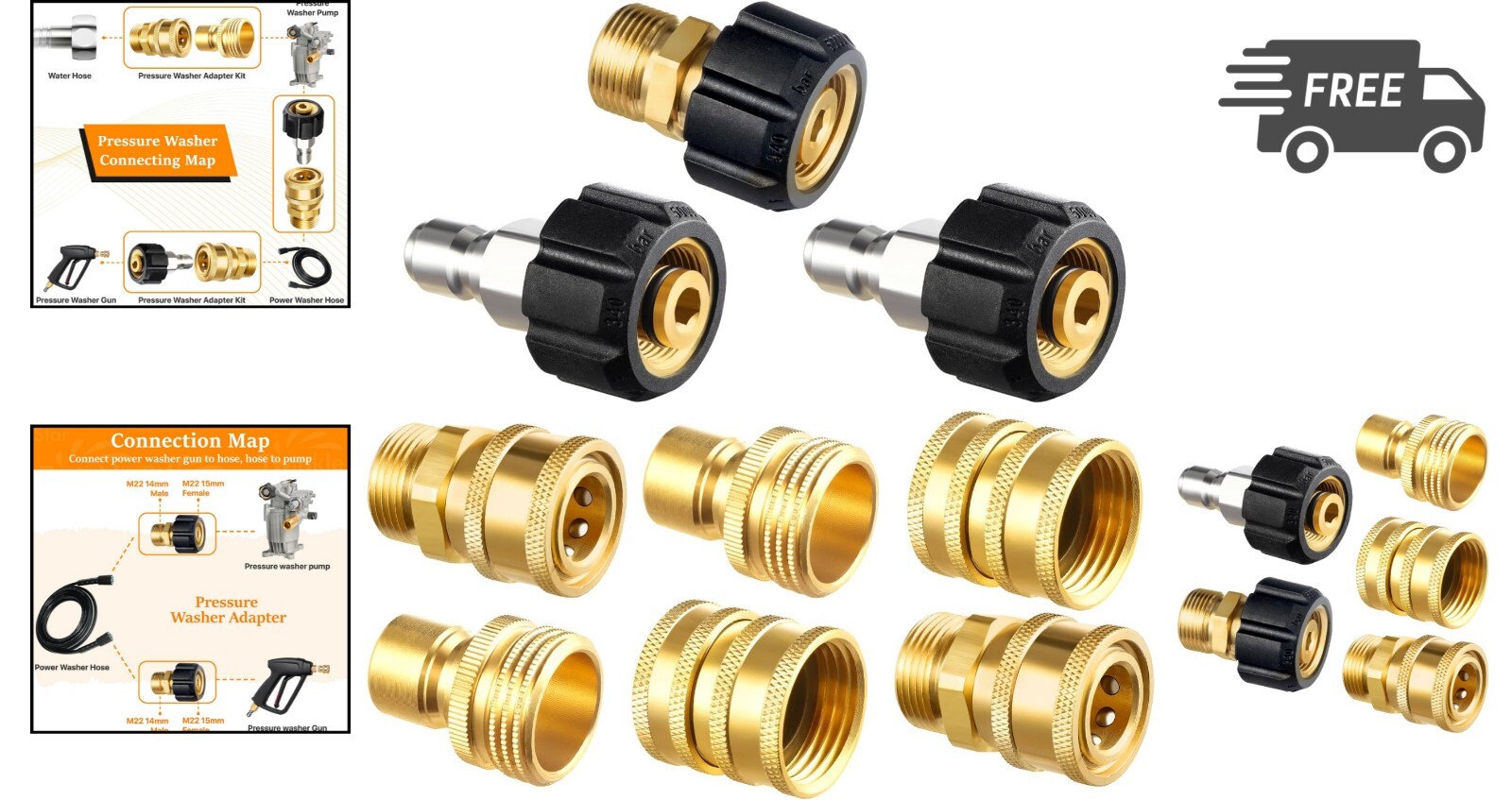 Pressure Washer Adapter Set 9 Pack Brass Quick Connect Swivel Fittings