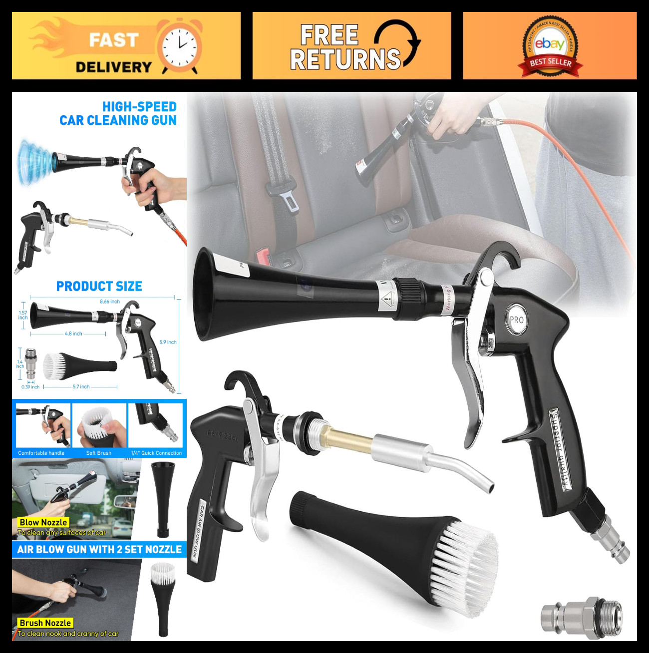 Car Detailing Air Cleaning Gun with 2 Nozzles – Remove Dirt & Dust Fast!