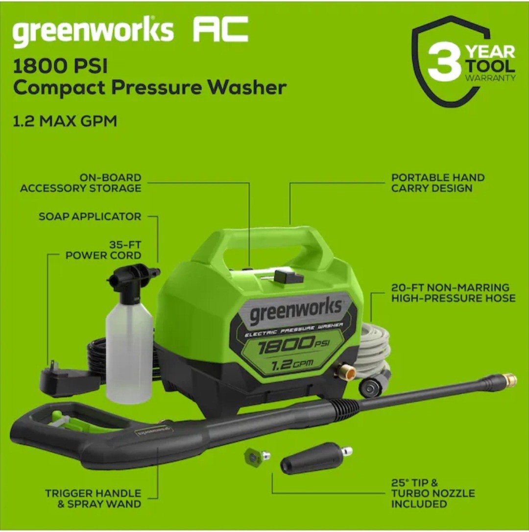 Greenworks GPW1805, 1800-PSI 1.2-GPM Cold Water Electric Pressure Washer, 2 Tip