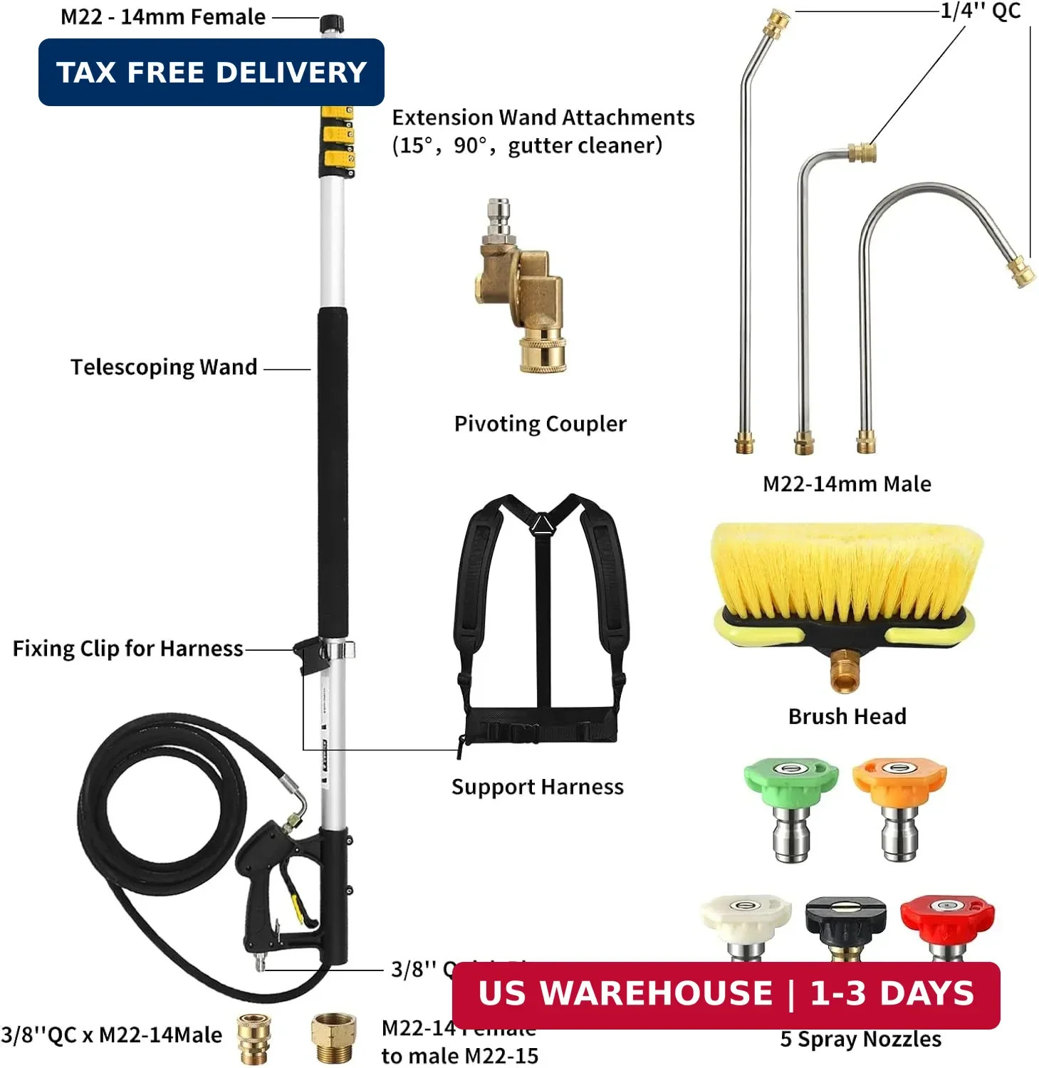 24 FT Telescoping Pressure Washer Wand with Pressure Washer Extension Wand, Brus