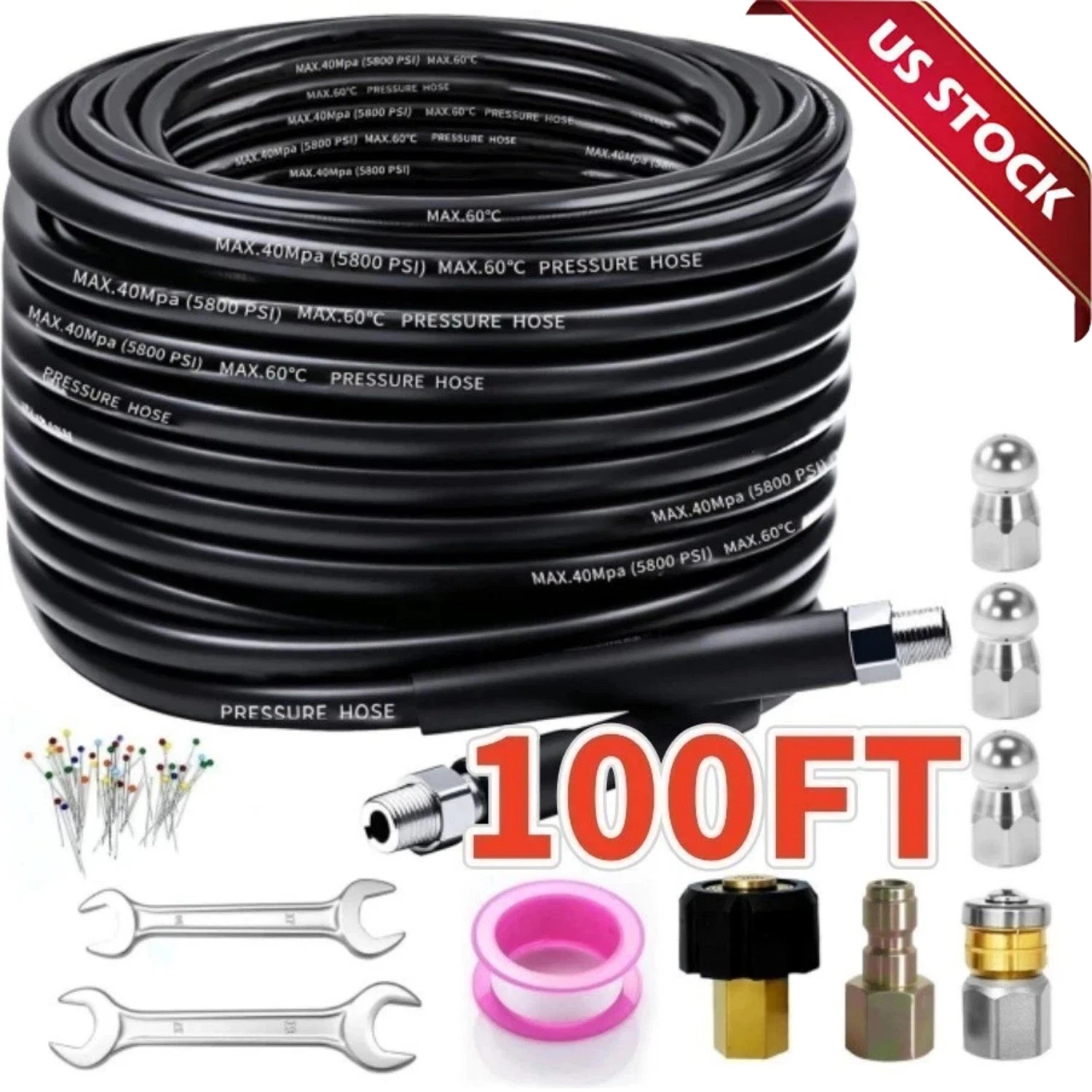 100FT Sewer Jetter Nozzles Kit 4000PSI Drain Cleaning Hose for Pressure Washer