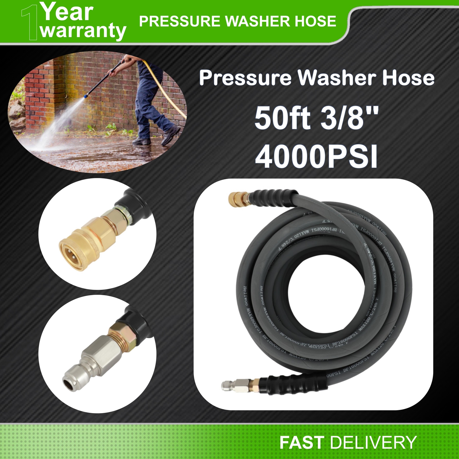 50ft 3/8″ Pressure Washer Hose 4000 PSI Non-Marking Gray With Couplers Brand New