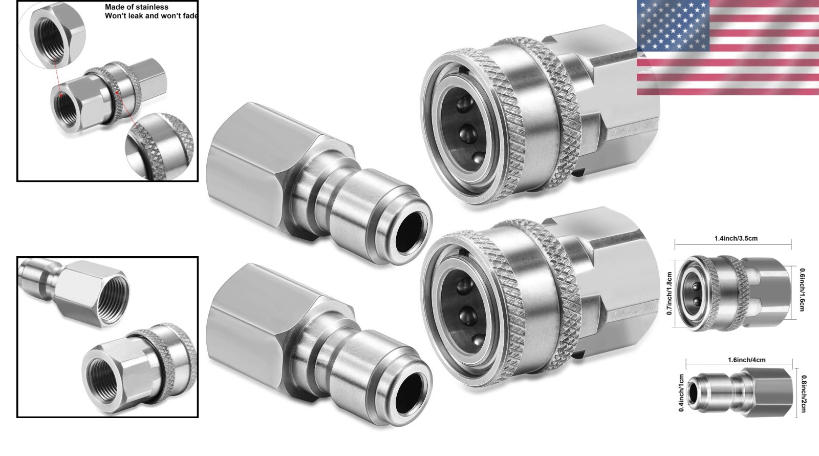 Stainless Steel 3/8 Inch Pressure Washer Connector Set – NPT Compliant Fittings