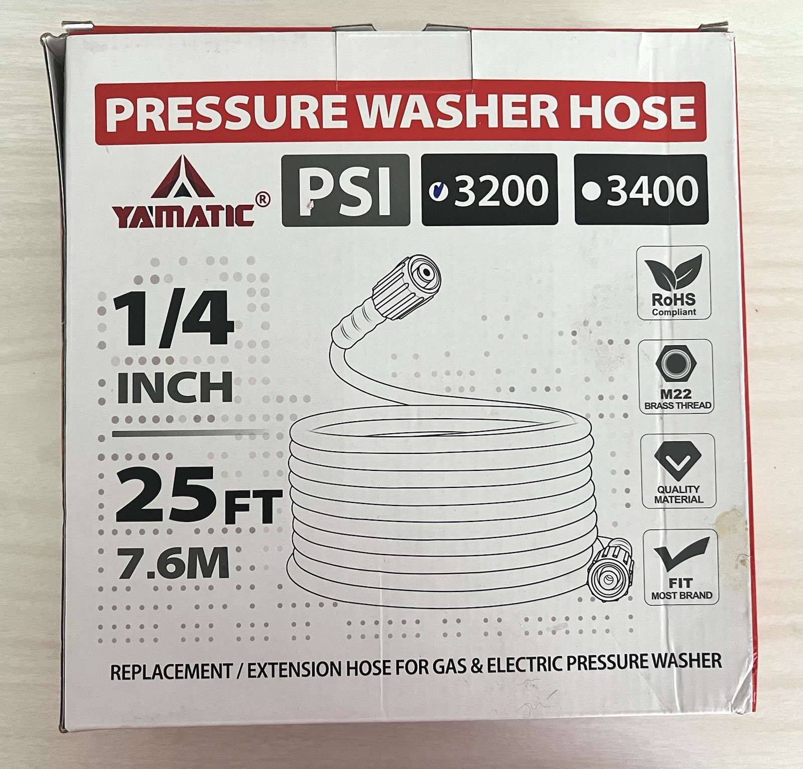 YAMATIC 3200 PSI Pressure Washer Hose 1/4″ M22-14mm Quick Connect