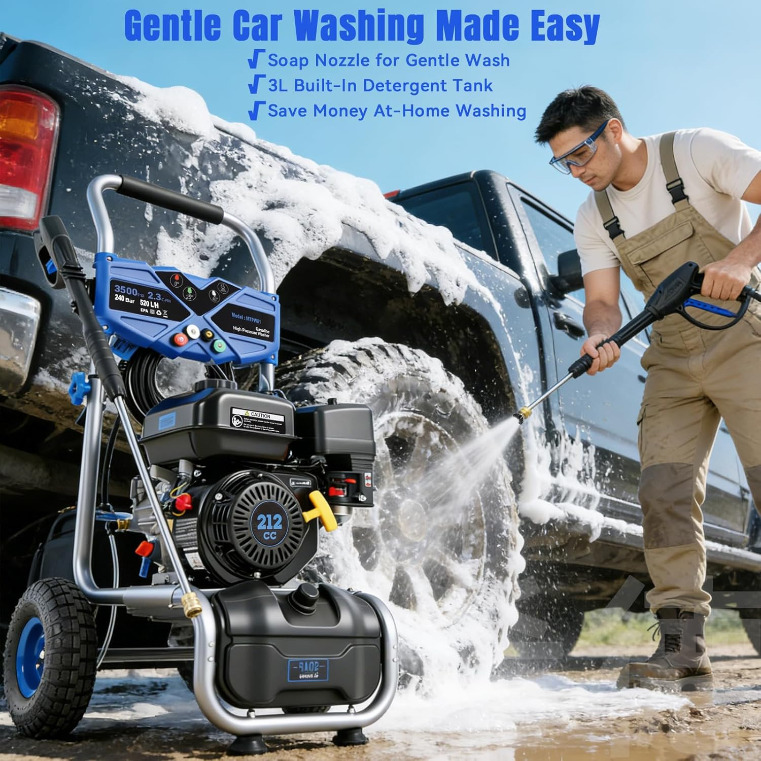 3500PSI Gas Pressure Washer, 212CC / 2.3GPM / 7HP / 4-Stroke Gas Power Washer wi