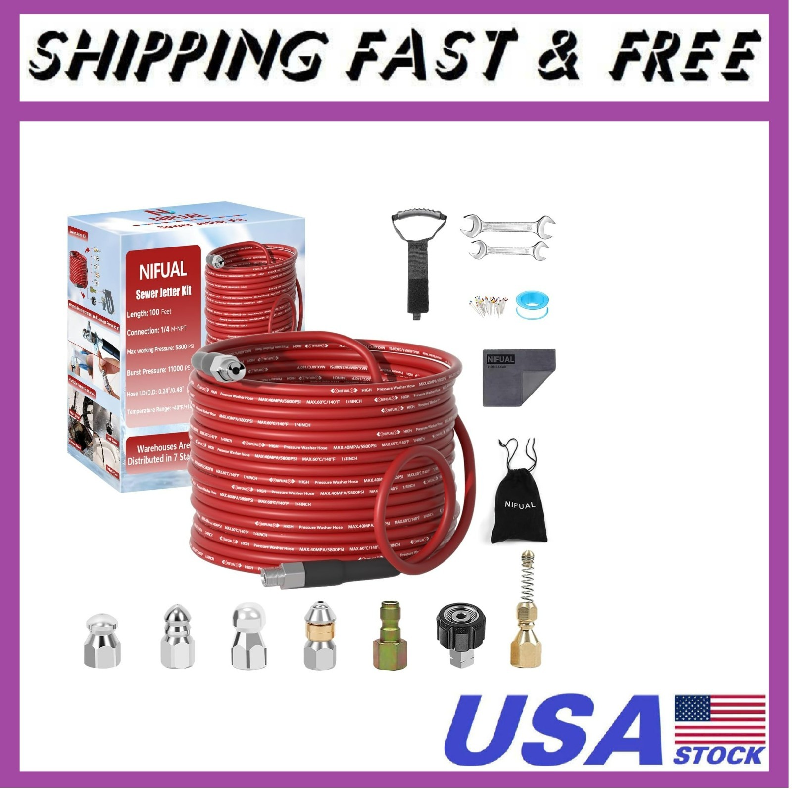 Sewer Jetter Kit for Pressure Washer,100FT 5800PSI Pressure Drain Cleaner 1/4