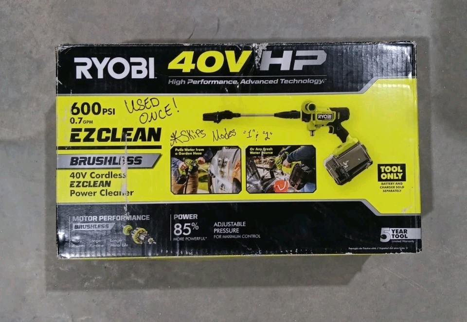 Ryobi 40V HP EZClean 600 PSI Power Cleaner Kit – RY124050 – Tool Only, *READ*