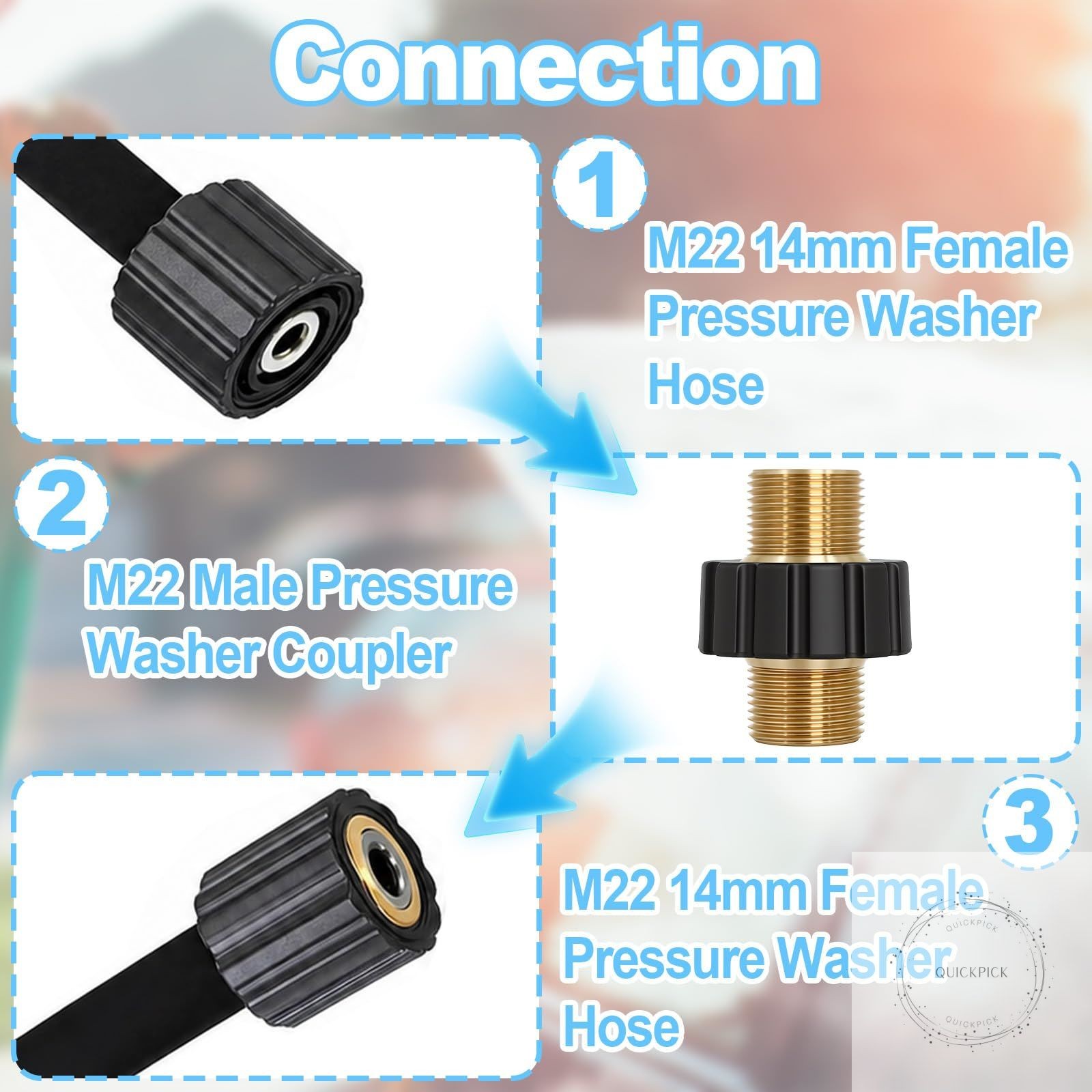 M22 14mm Pressure Washer Hose Connector, M22-14mm Male-to-Male Adapter, 5000 PSI