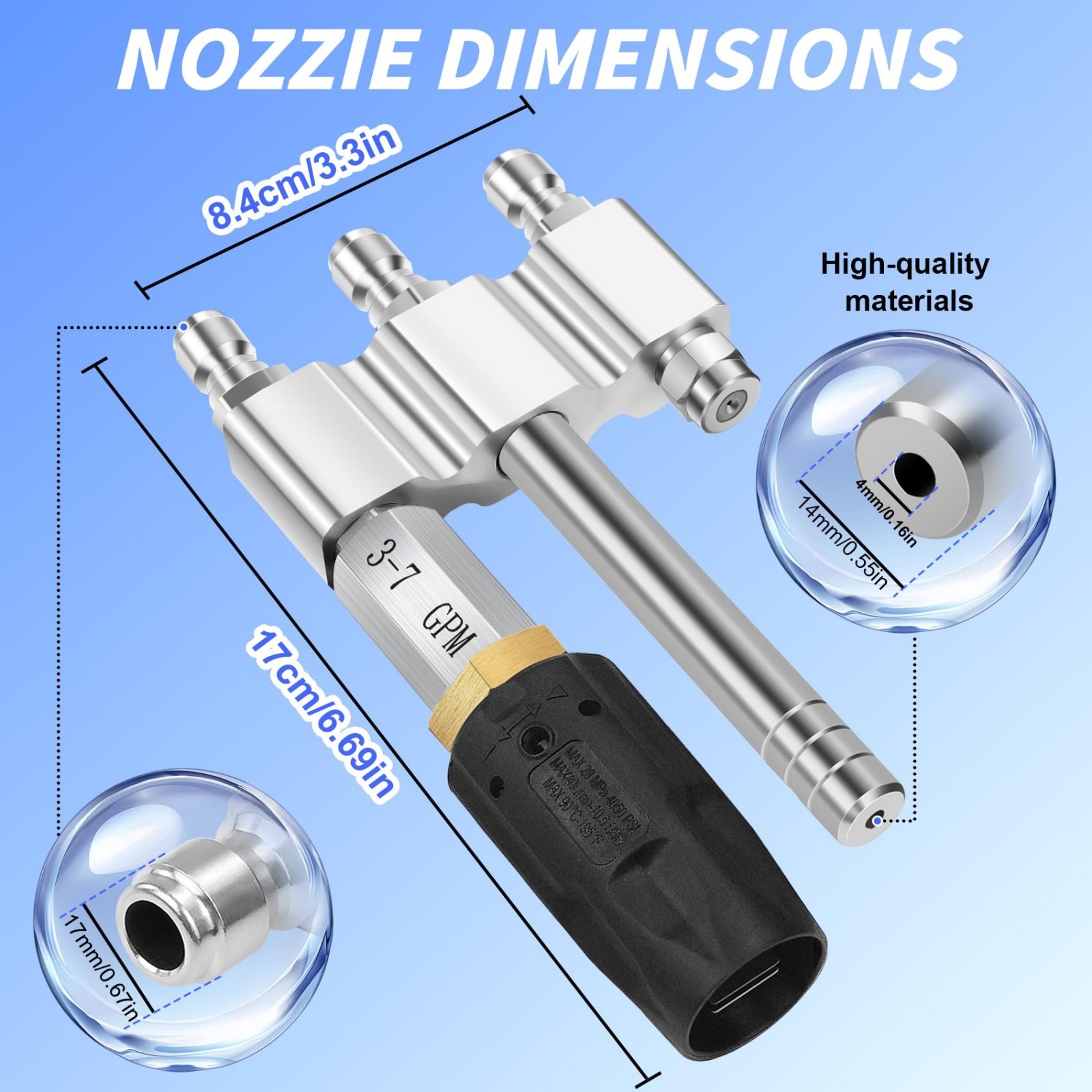 Adjustable 3-in-1 Soft Wash Nozzle, M5 Twist Tip, 1/4″ Quick Connect, 0-60° Spra