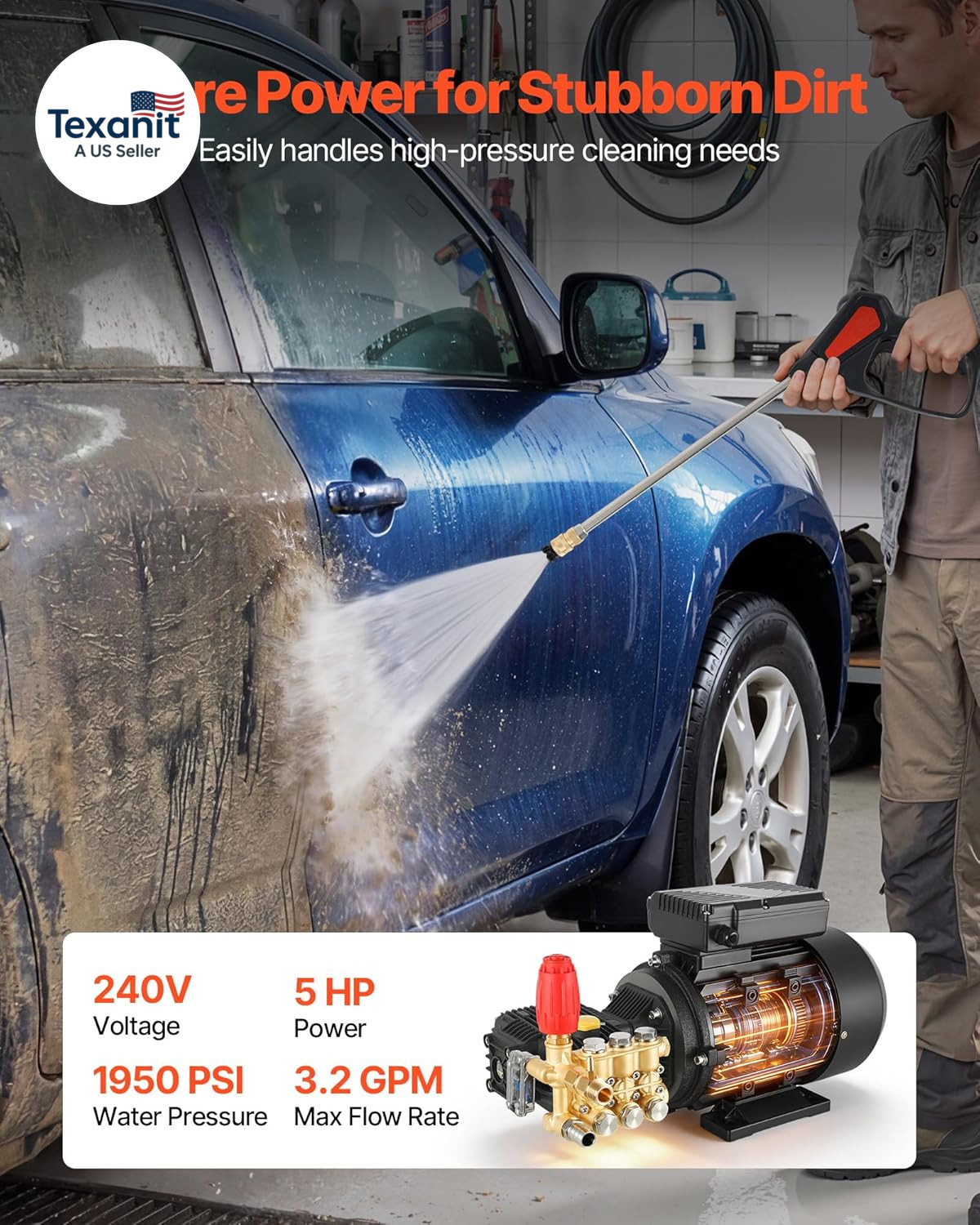 Electric Pressure Washer Pump Kit, 1950 PSI, 3.2 GPM, Triplex Power Washer Pump