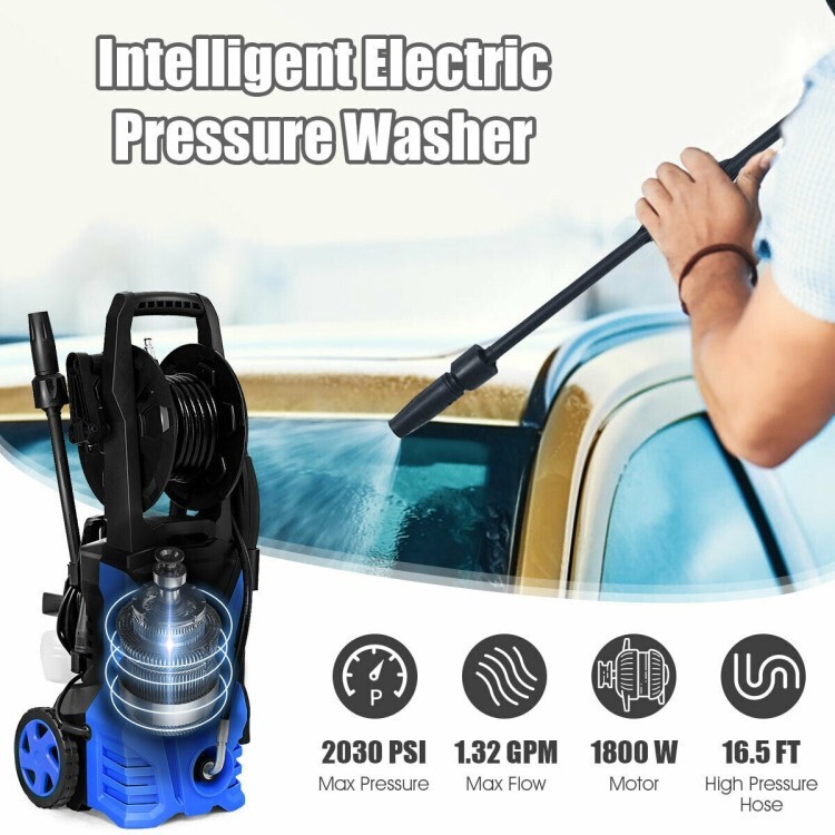 Costway 2030PSI Electric Pressure Washer Cleaner 1.7 GPM 1800W W/ Hose Reel Blue