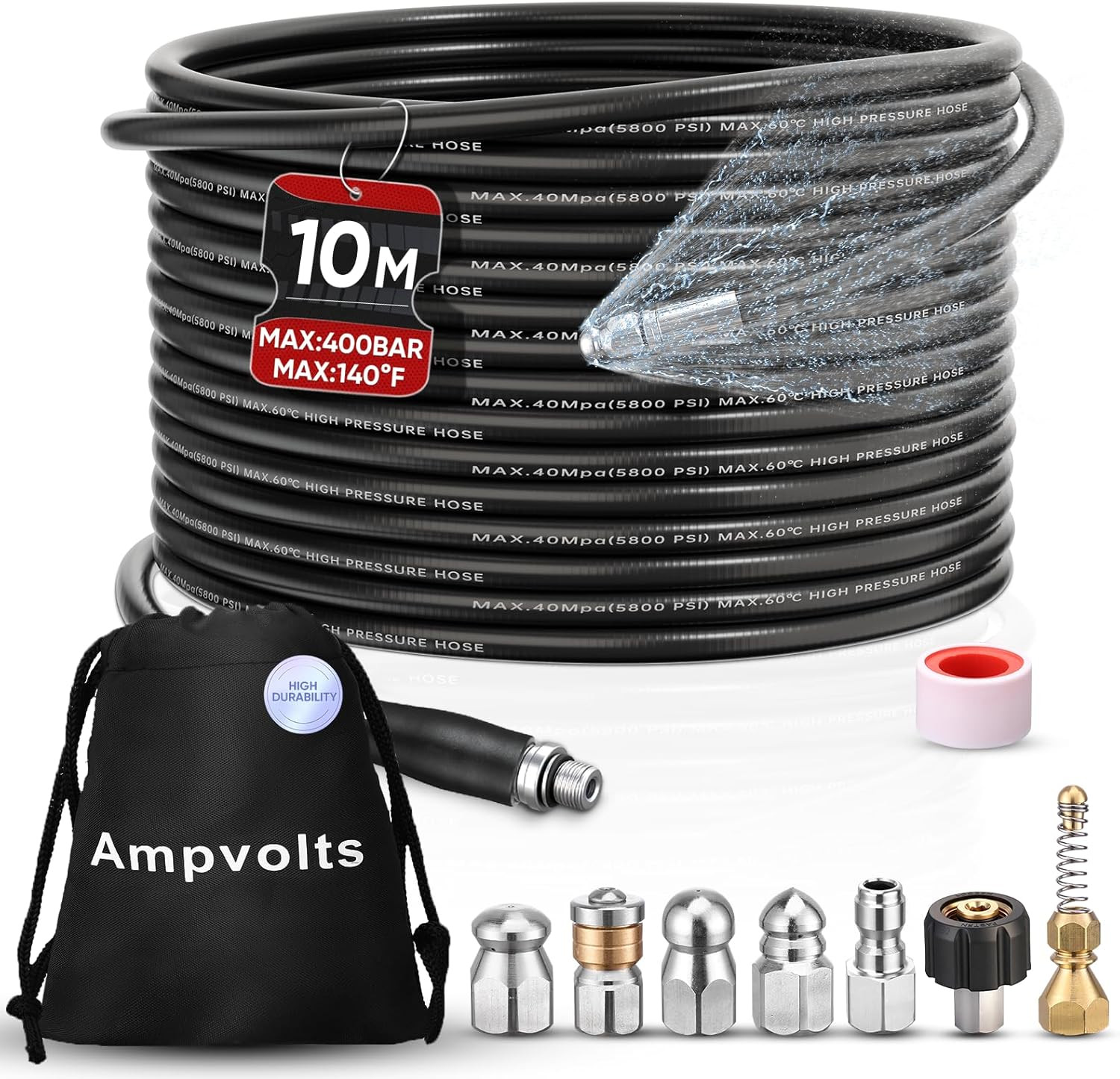 33FT Sewer Jetter Kit for Pressure Washer, 5800 PSI Drain Cleaning Hose with 5 J