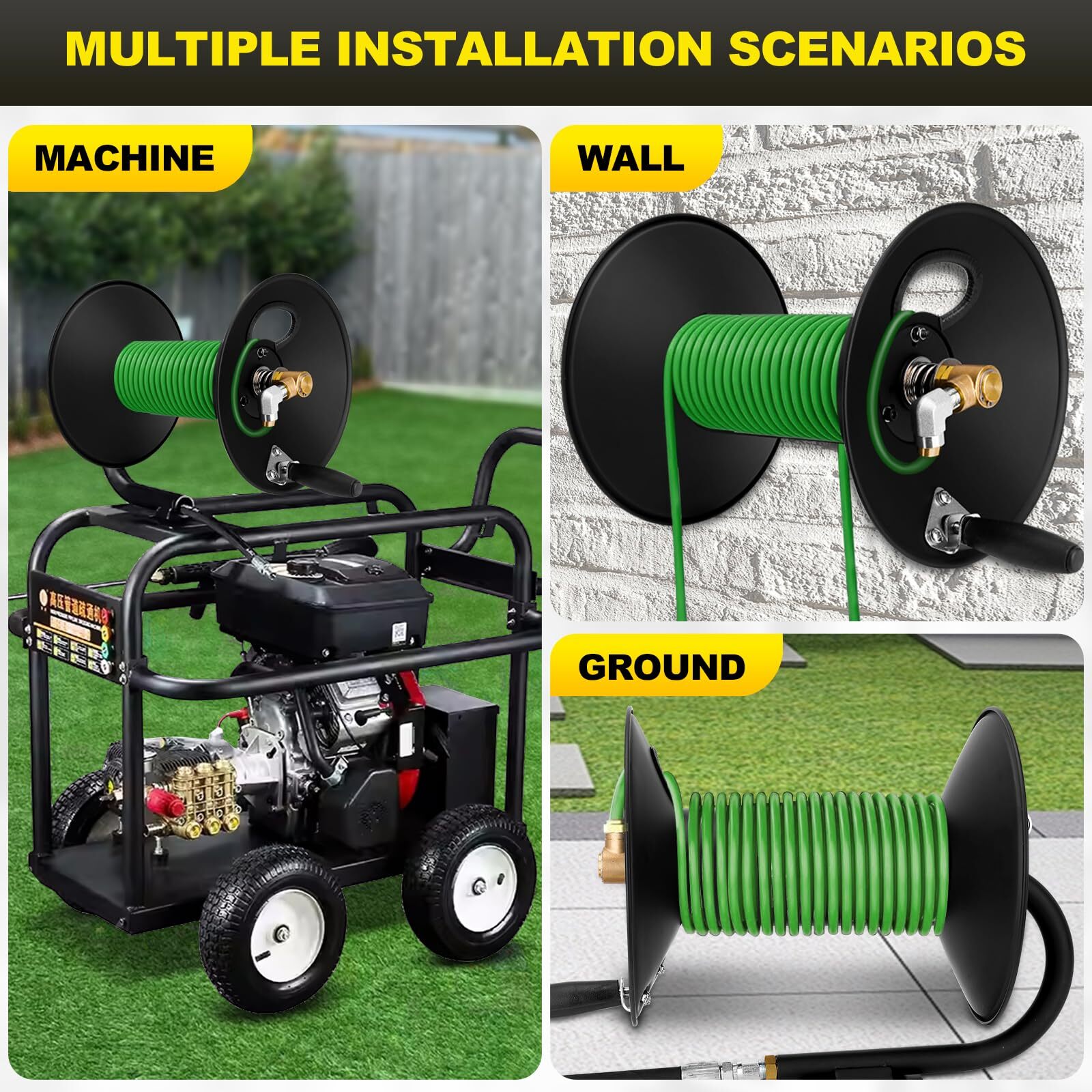 Pressure Washer Hose Reel, 100FT High Pressure Hose Reel with Hand Crank, 3/8″