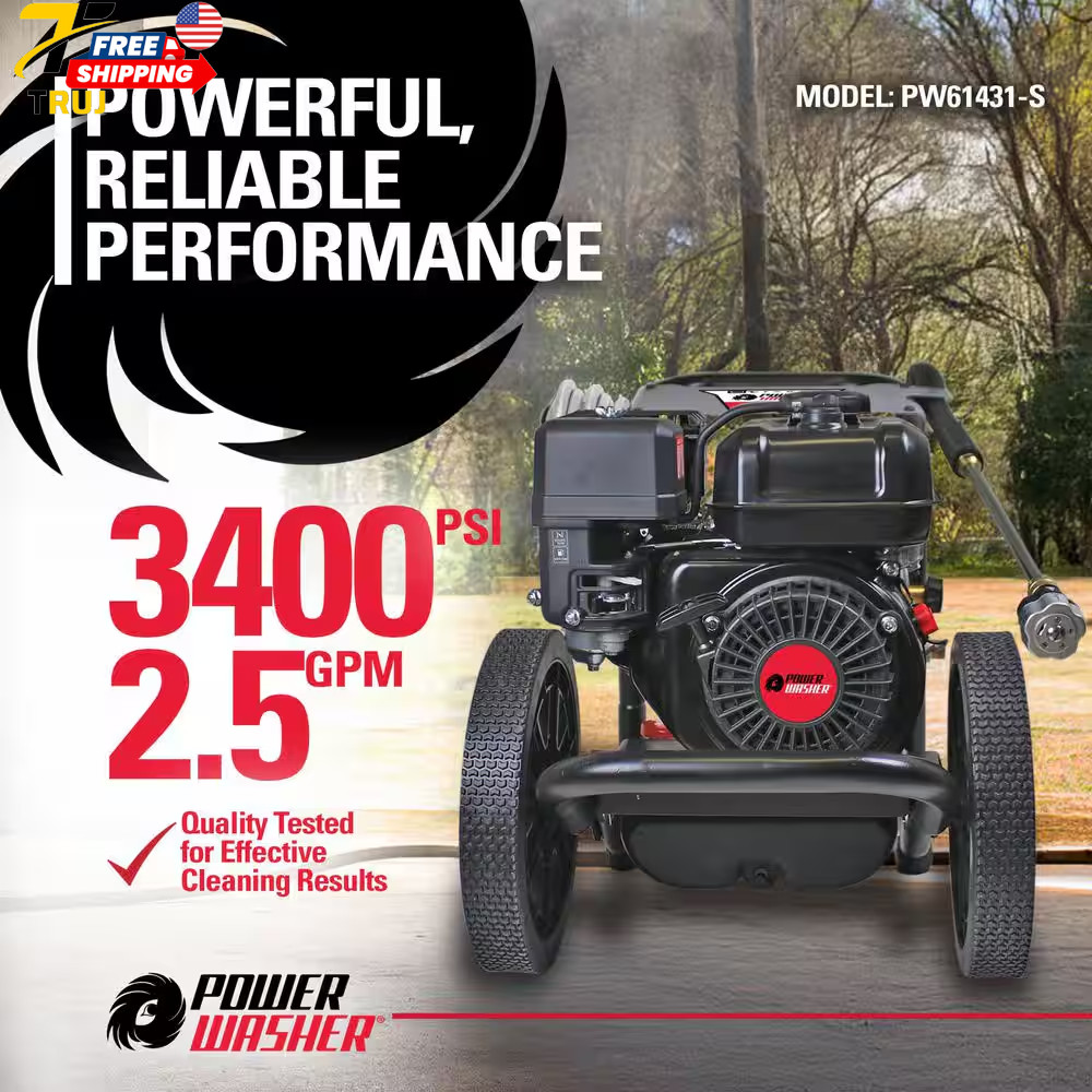 3400 PSI 2.5 GPM Cold Water Gas Pressure Washer with 195Cc Engine and Soap Tank