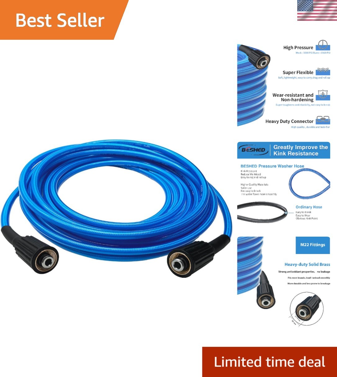 Versatile 25 FT Pressure Washer Hose with M22 Fittings – 3000 PSI Performance