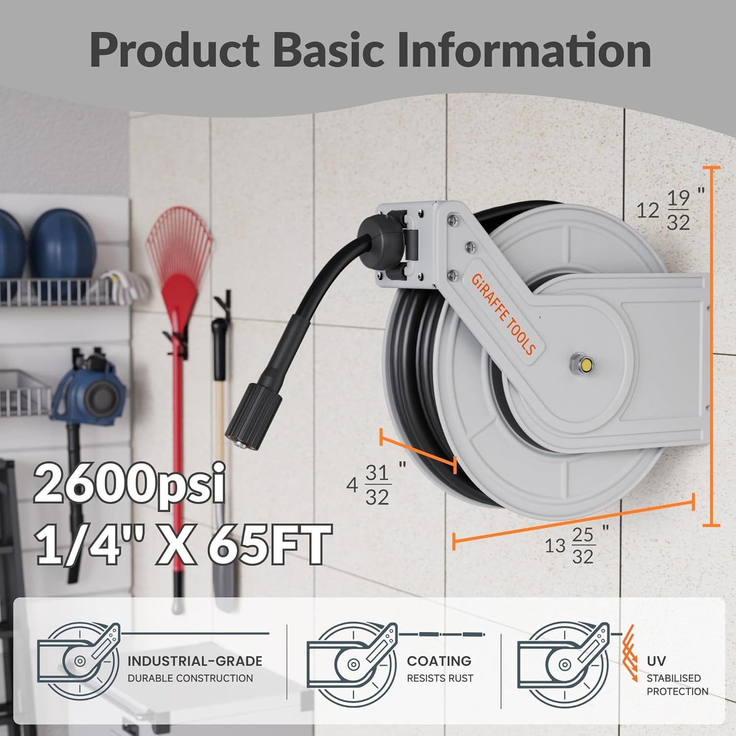 Giraffe Tools 3200PSI Pressure Washer Hose Reel 1/4″ x 65 ft Retractable Hose