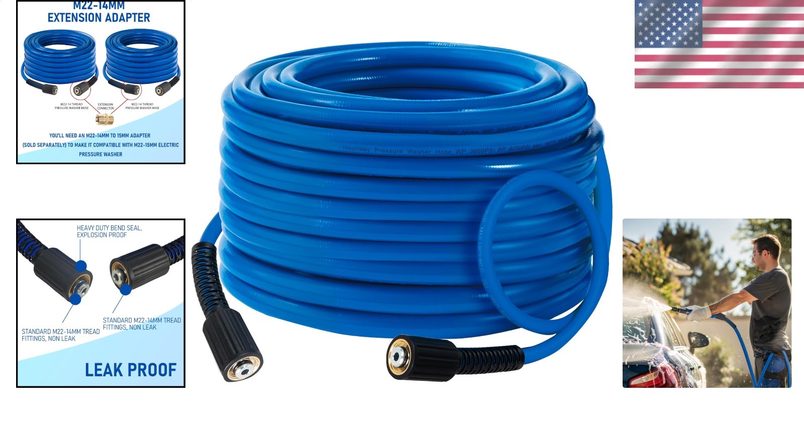 Heavy-Duty Power Hose 30ft Kink-Resistant 3600PSI Abrasion-Proof Blue Quick 1/4