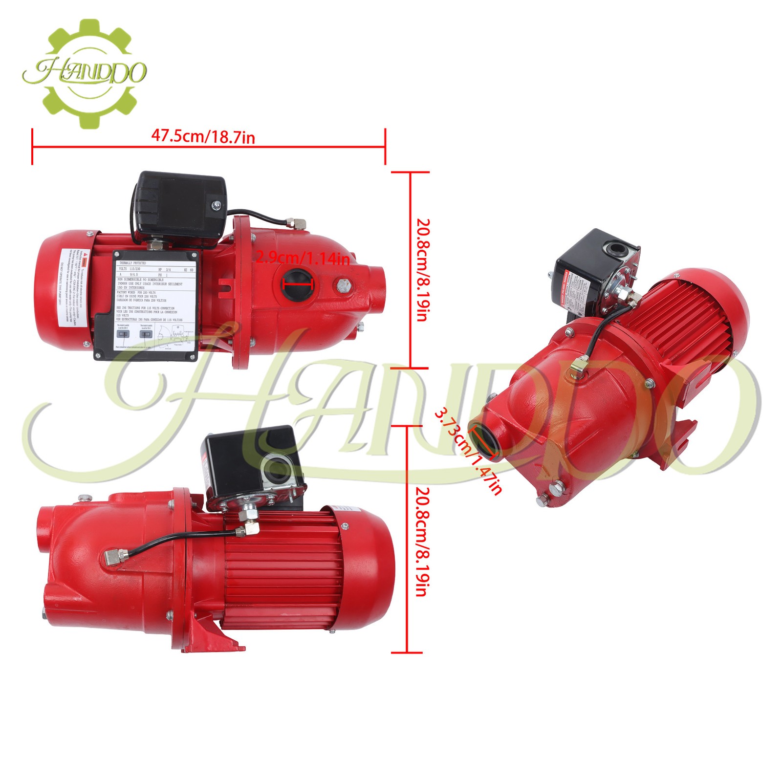 Shallow Well Jet Pump 3/4 HP 13 GPM, Cast Iron, 115/230V Dual Voltage, Red