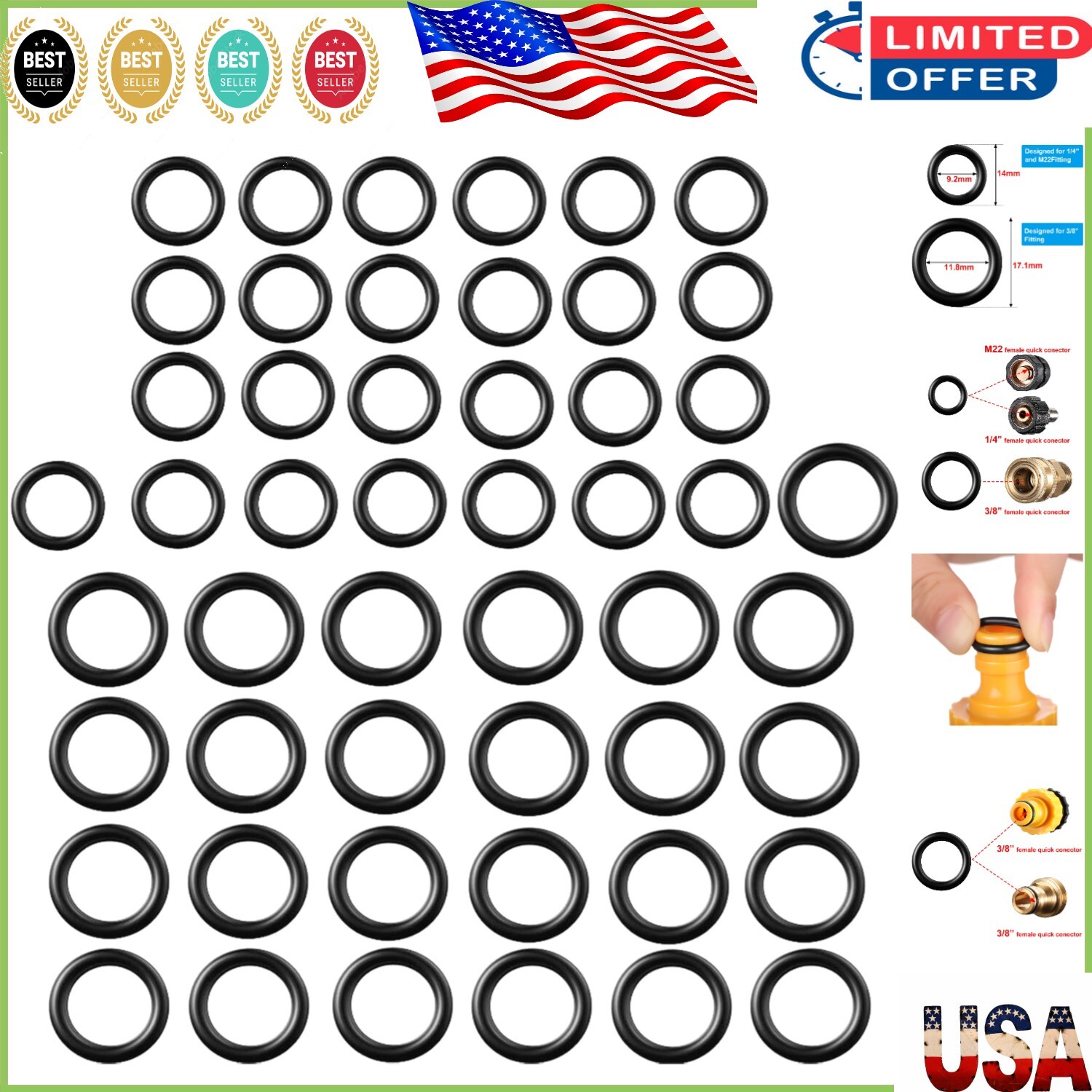 50-Piece O-Ring Set for Pressure Washers – Durable Rubber Seals, 1/4 & 3/8 Inch