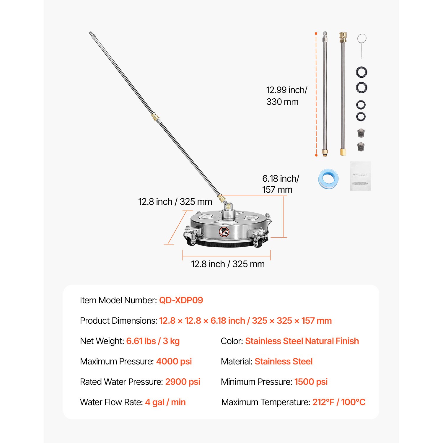Uimoso 14″Pressure Washer Surface Cleaner 4 Wheels 4000 Max PSI 2 Extended Wands