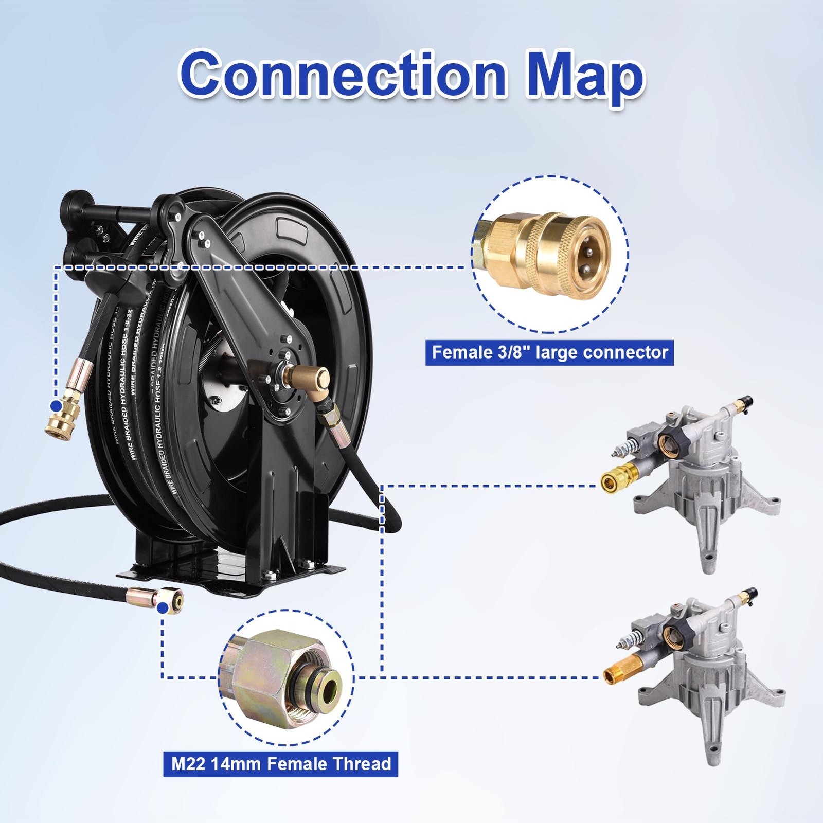 Retractable Power Pressure Washer Hose Reel 3/8″ x 50 ft, 4000PSI Hot&Cold Water
