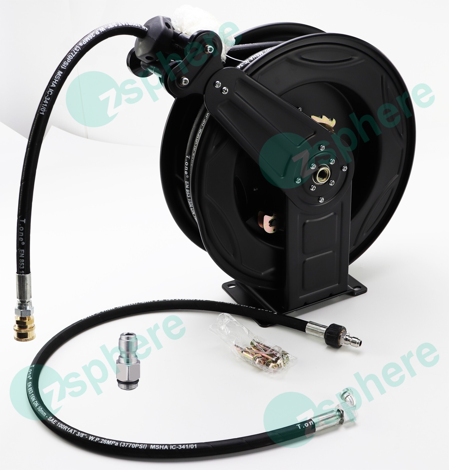 Pressure Washer Hose Reel Kit | 50′ Rubber Steel Hose and 4′ Jumper with 3/8″ QC