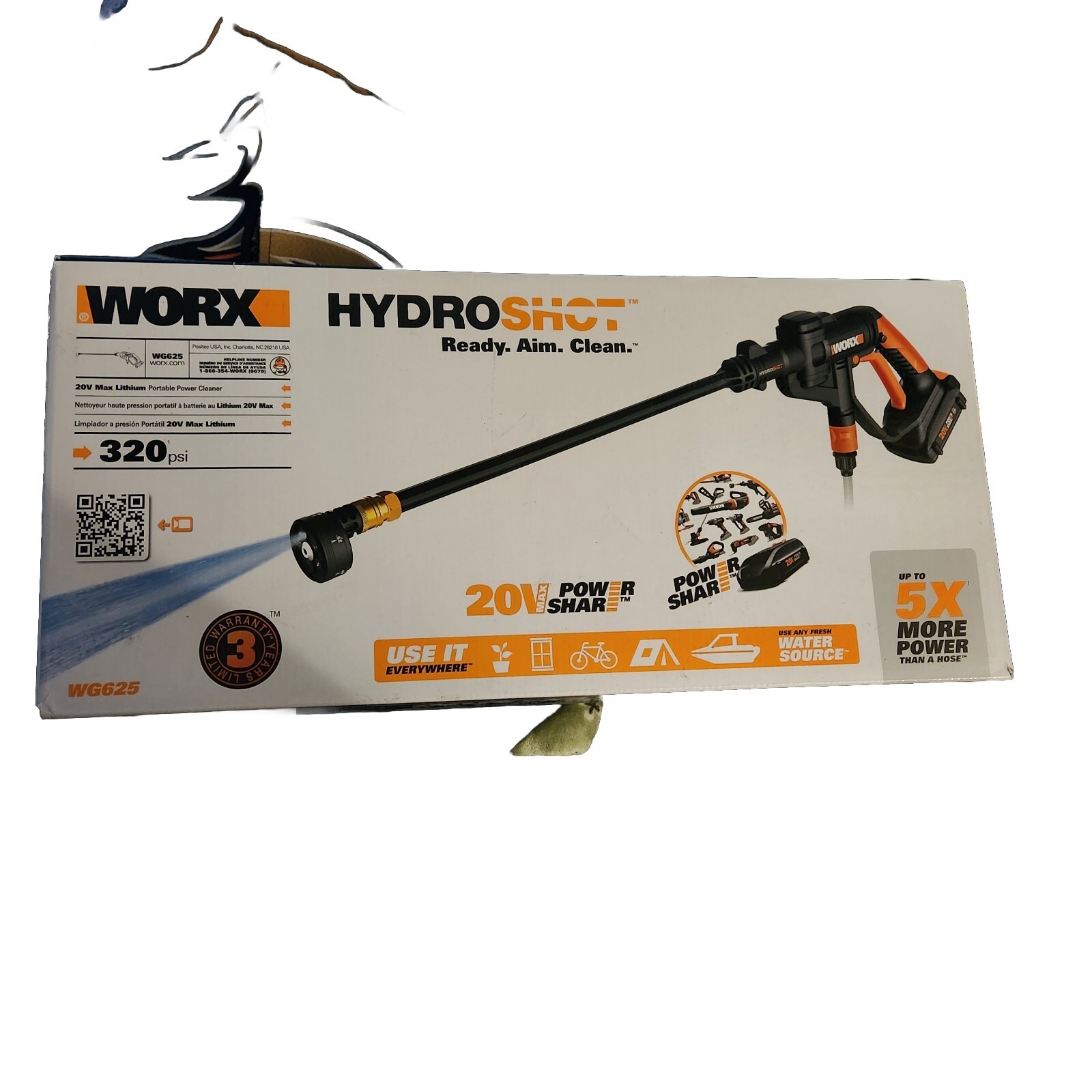 WORX WG625 20V Power Share Hydroshot Portable Power Cleaner – Black/Orange