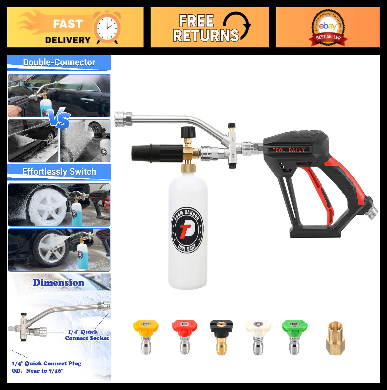 Pressure Washer Gun with Foam Cannon, Dual Connector, 1/4″ Quick Connect, 5 Nozz