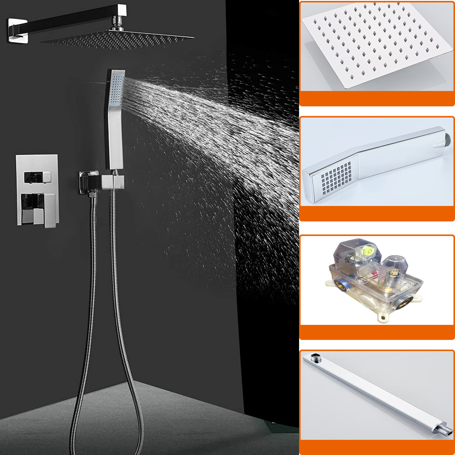 Polish Chrome Shower Faucet Set Rainfall Shower Head Combo with Mixer Valve Kit