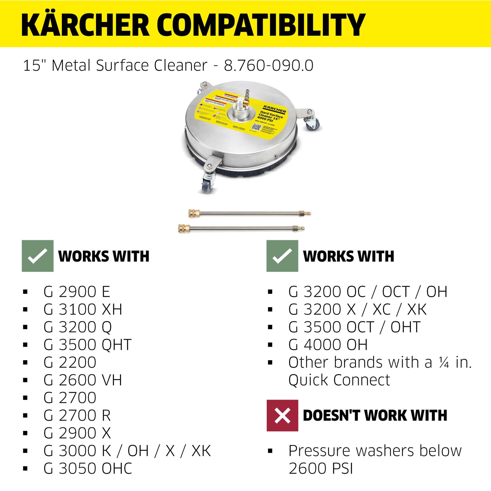 Pressure Washer Surface Cleaner 15″, 3 Wheels, Stainless Steel, Quick Connect…