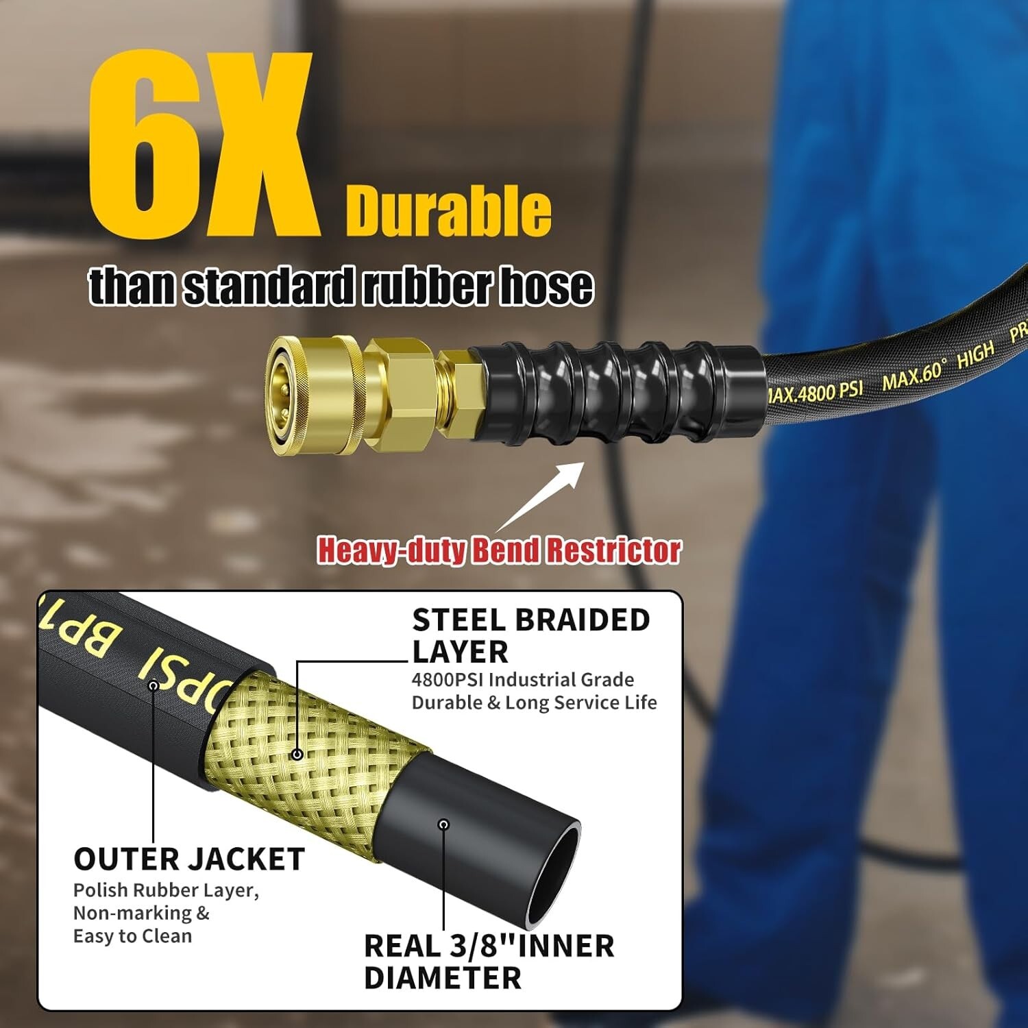 25FT 4800PSI Pressure Washer Hose 3/8″ Kink Resistant Power Hose Quick Connect