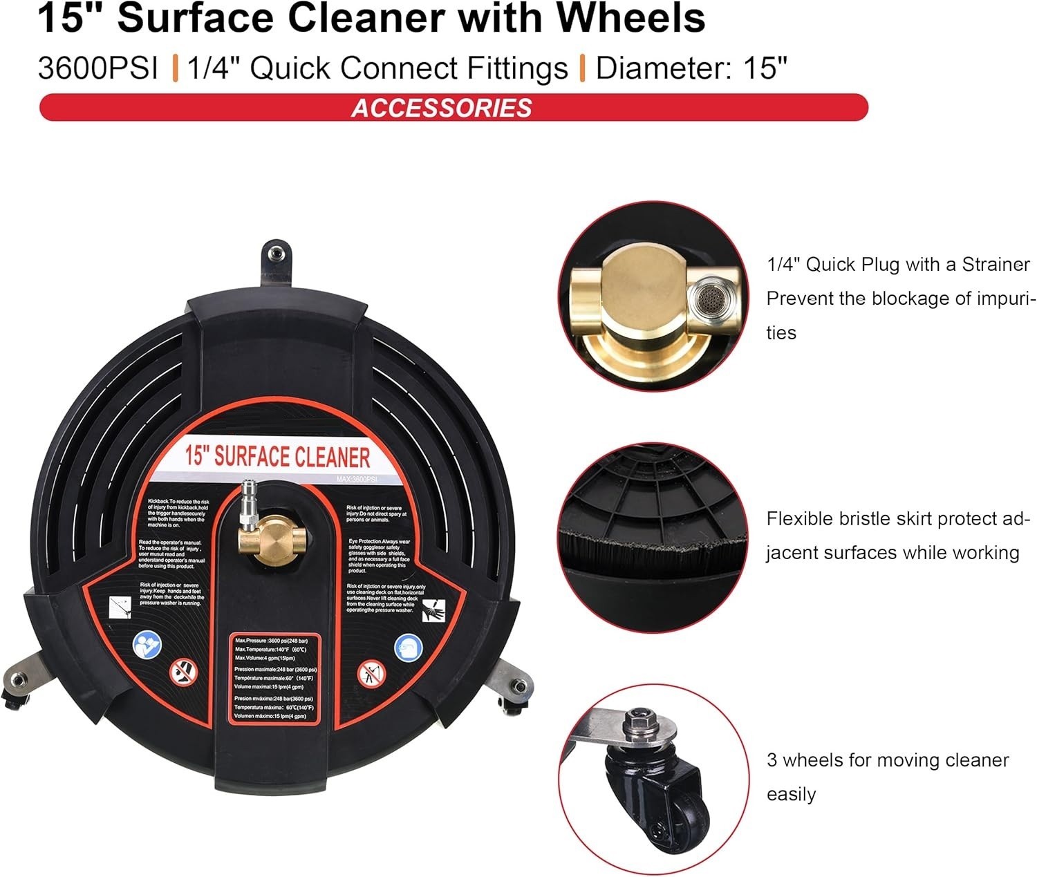 15 Inch Pressure Washer Surface Cleaner with 3 Wheels, 2 Extension Wands, Surfac