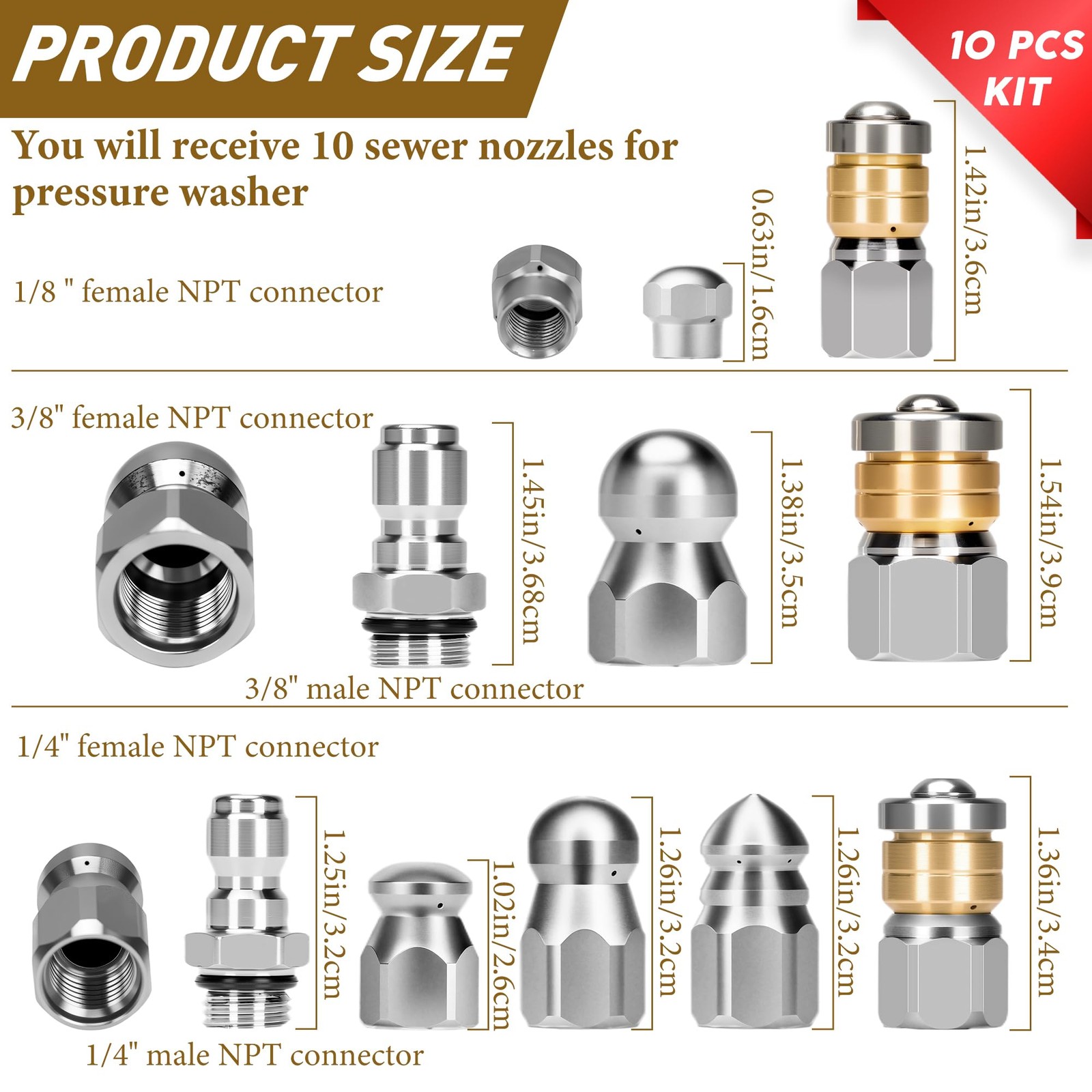 10pcs Sewer Jetter Nozzle Kit Stainless Steel Jetter Heads Kit for Pressure W…