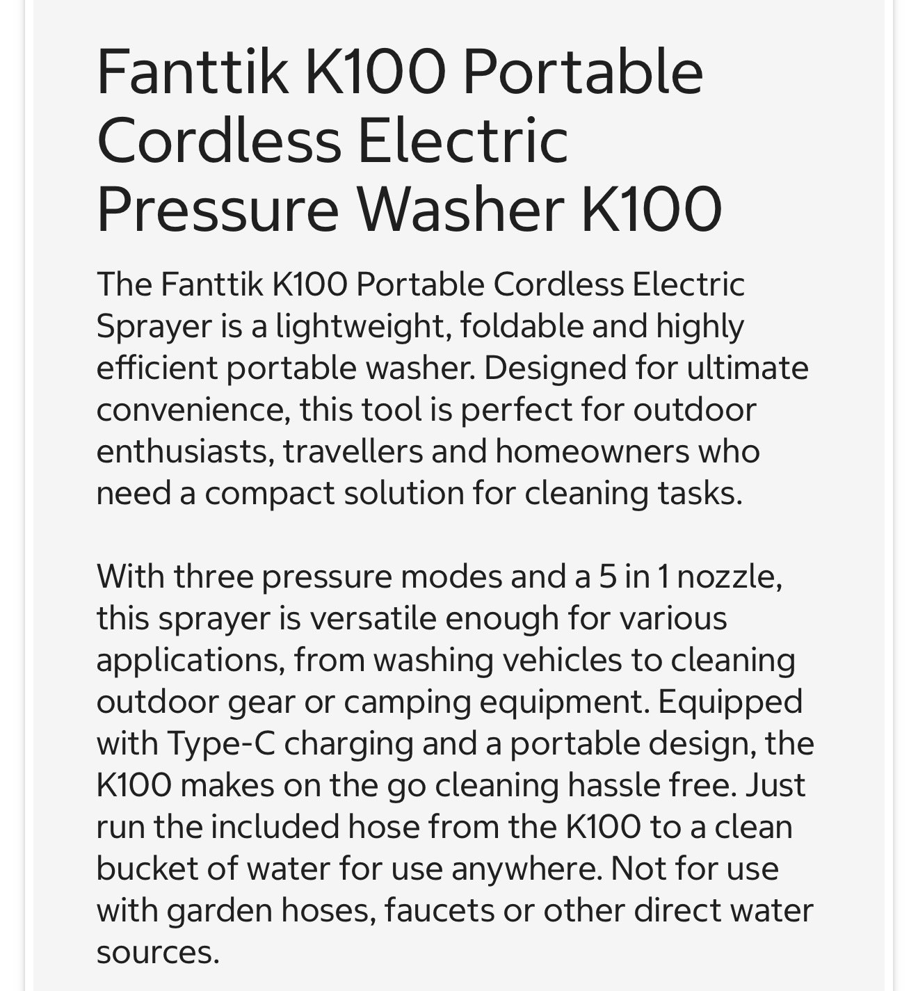 Fanttik K100 Flip Portable Multifunctional Battery Pressure Washer 174 psi Black