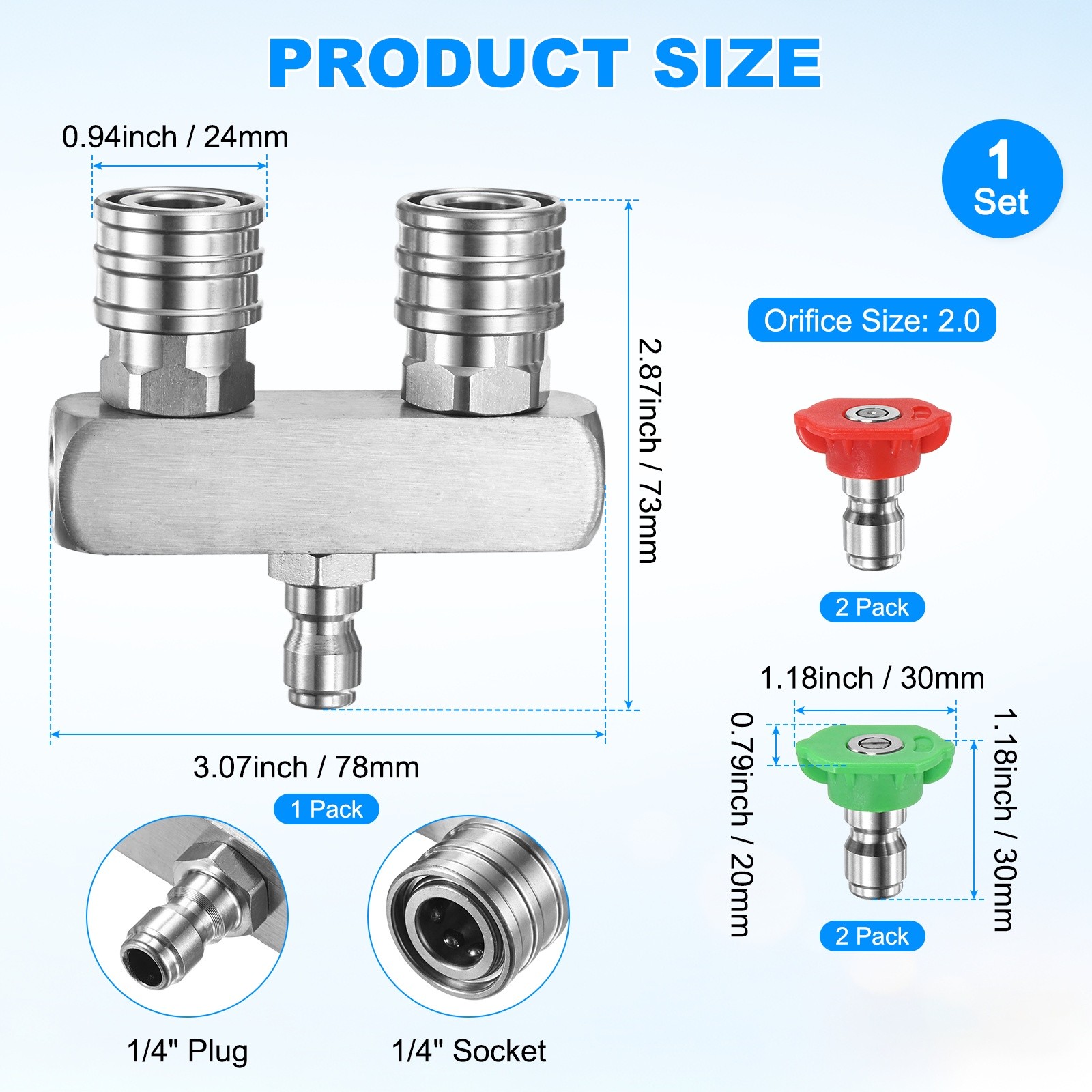 Set of 5 Pressure Washer Nozzles, 0/25° [Silver]