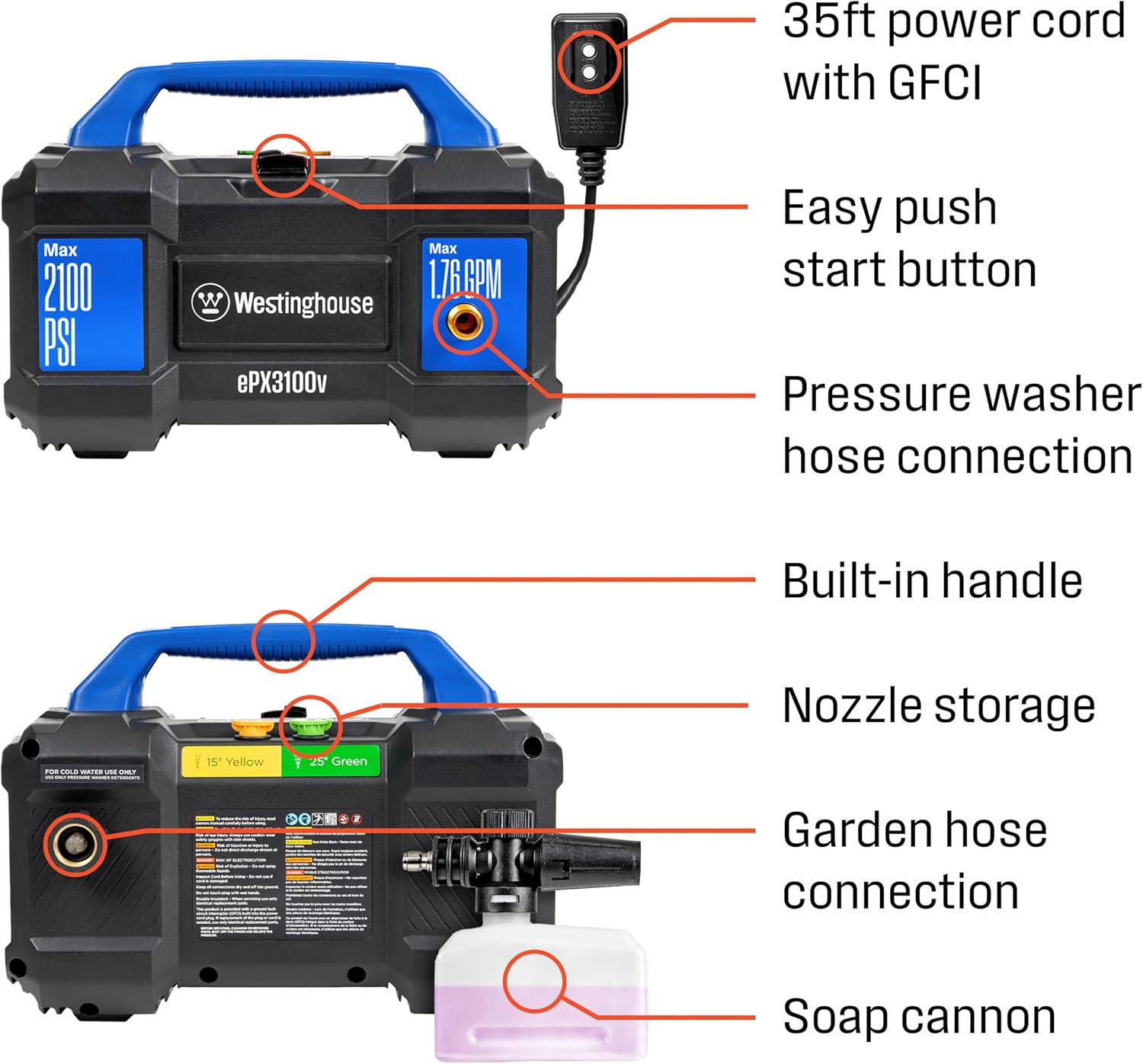 Westinghouse Epx3100V Electric Pressure Washer, 2100 Max PSI 1.76 Max GPM, Built