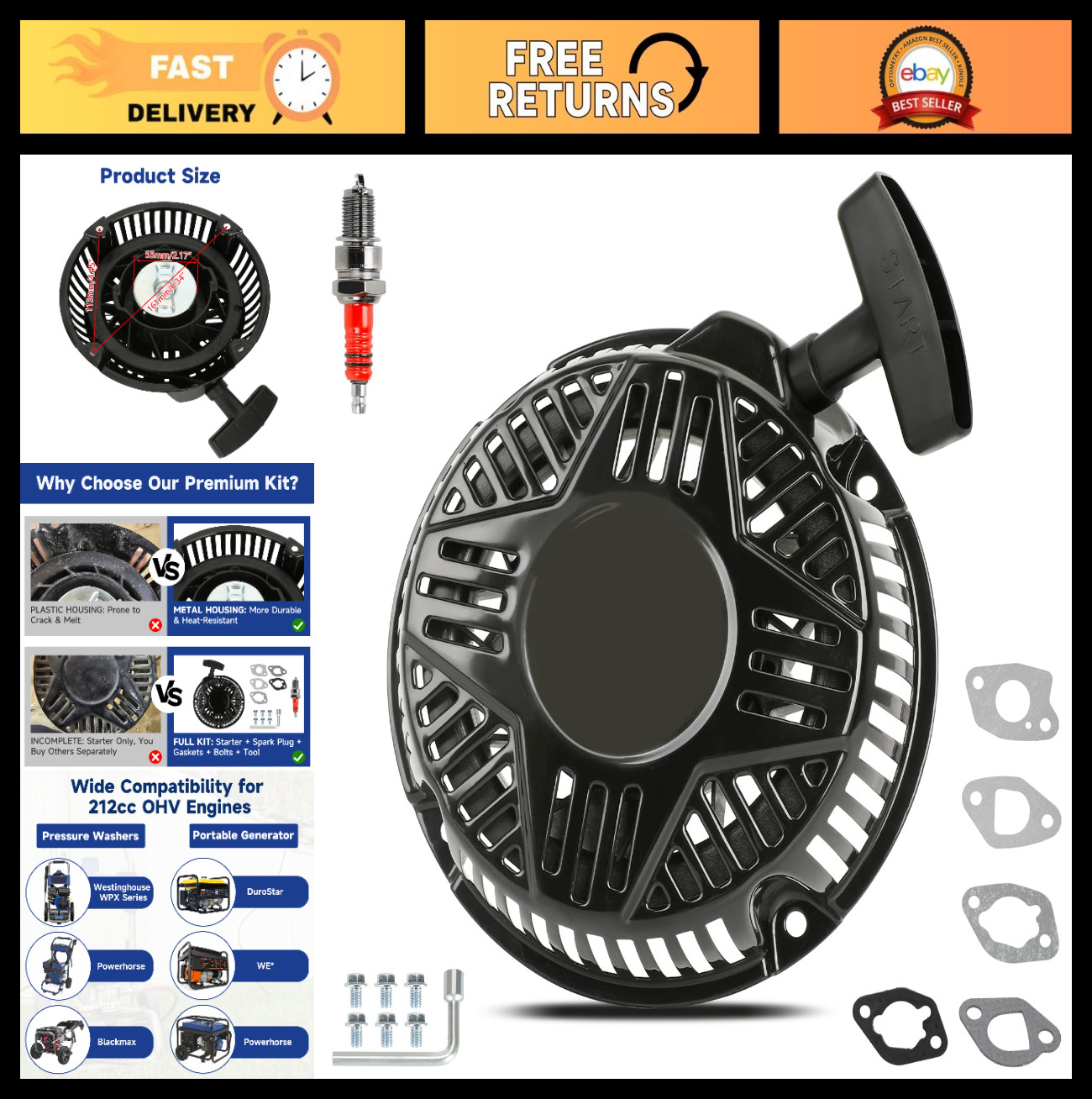 Recoil Starter Pull Start Assembly for 212cc Pressure Washer & 208cc Generator P