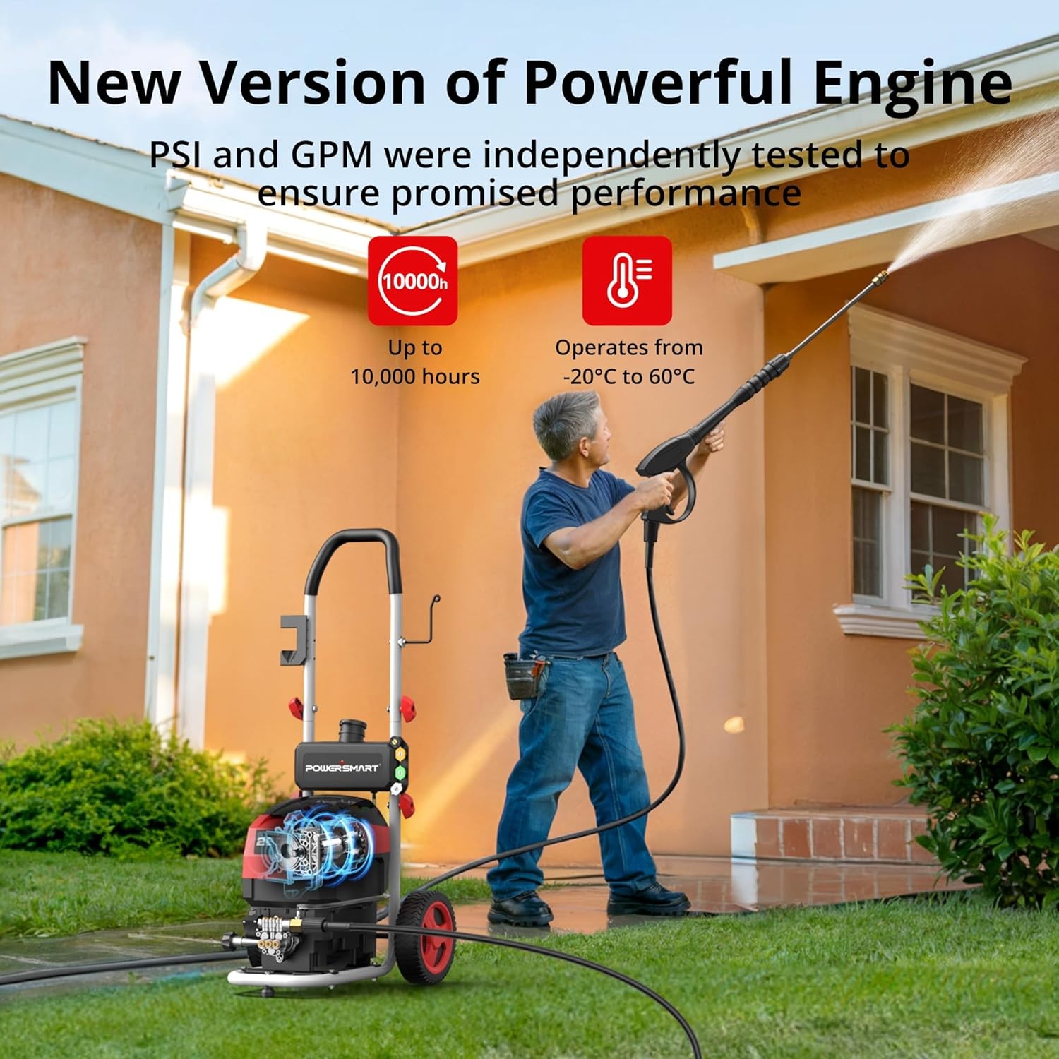 Electric Pressure Washer 2800 PSI Max 2.0 GPM 8″ Wheels 5 Spray Tips and 1.5L