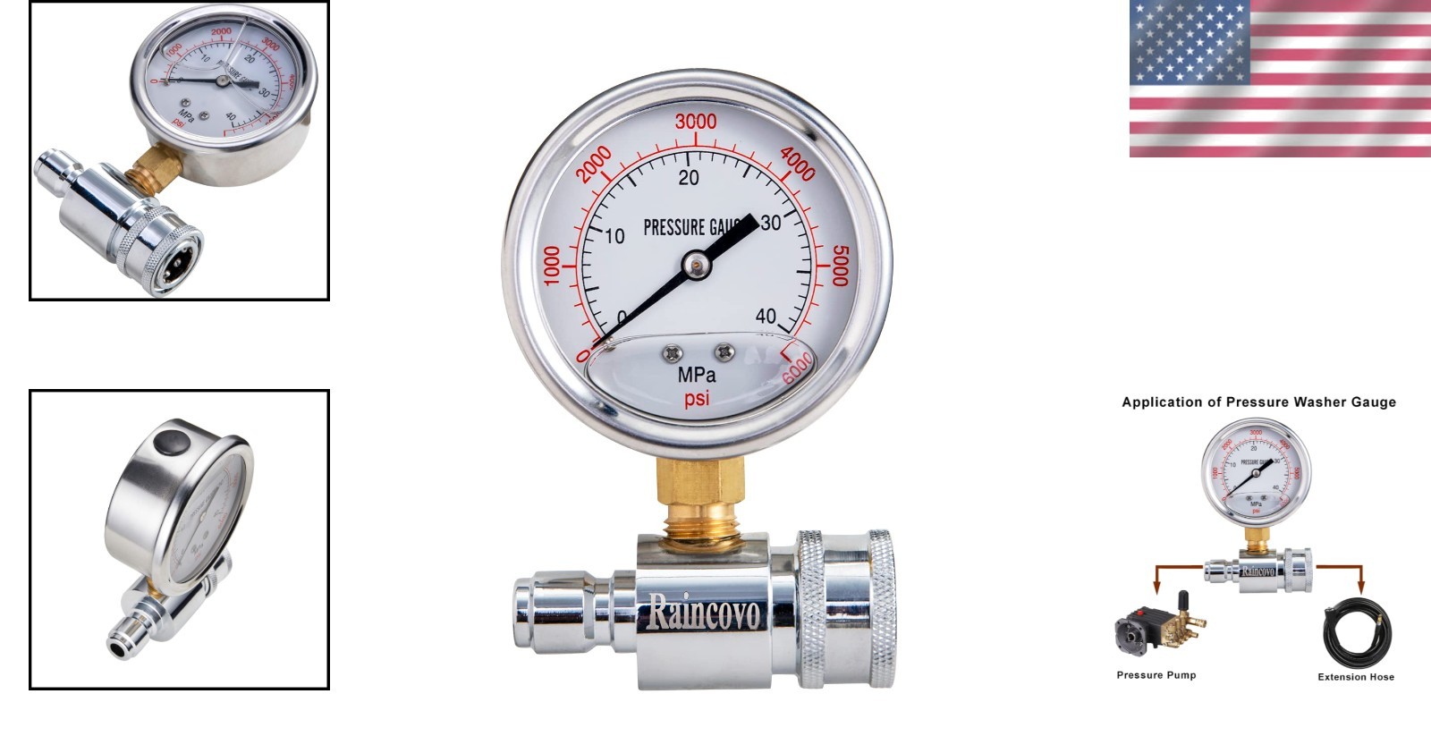 Stainless Steel Power Washer Gauge, 6000 PSI, High Precision