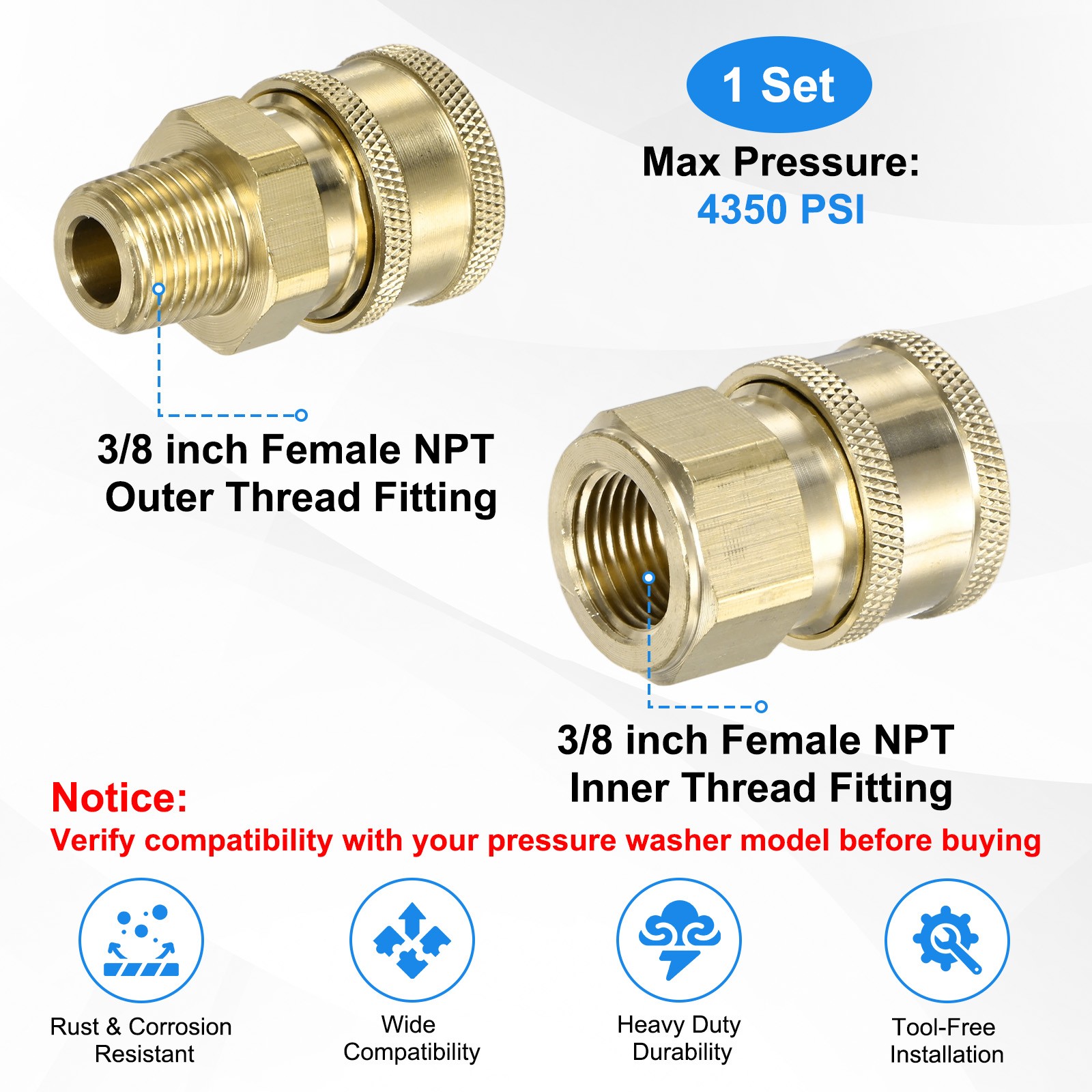 2-Pack Brass 3/8 Inch Female NPT Inner & Outer Thread Pressure Washer Coupler