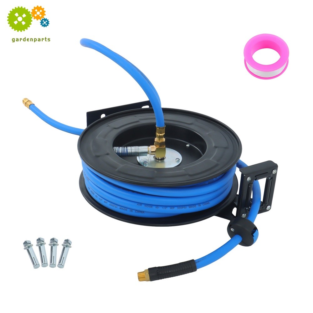 Retractable Air Hose Reel 1/2 IN x 50 FT Hybrid Air Hose Max 300PSI Auto-Rewind