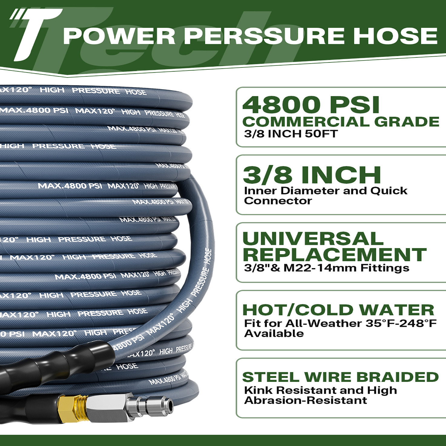 50FT 4800PSI Pressure Washer Hose 3/8″ Wire Braided Kink Resistant Power Hose BL