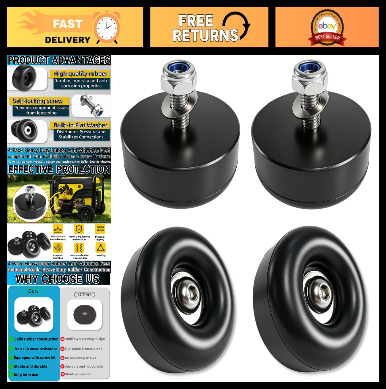 4-Pack Heavy Duty Anti-Vibration Rubber Feet & Bumpers – 1″x2.5″ Shock Absorbers