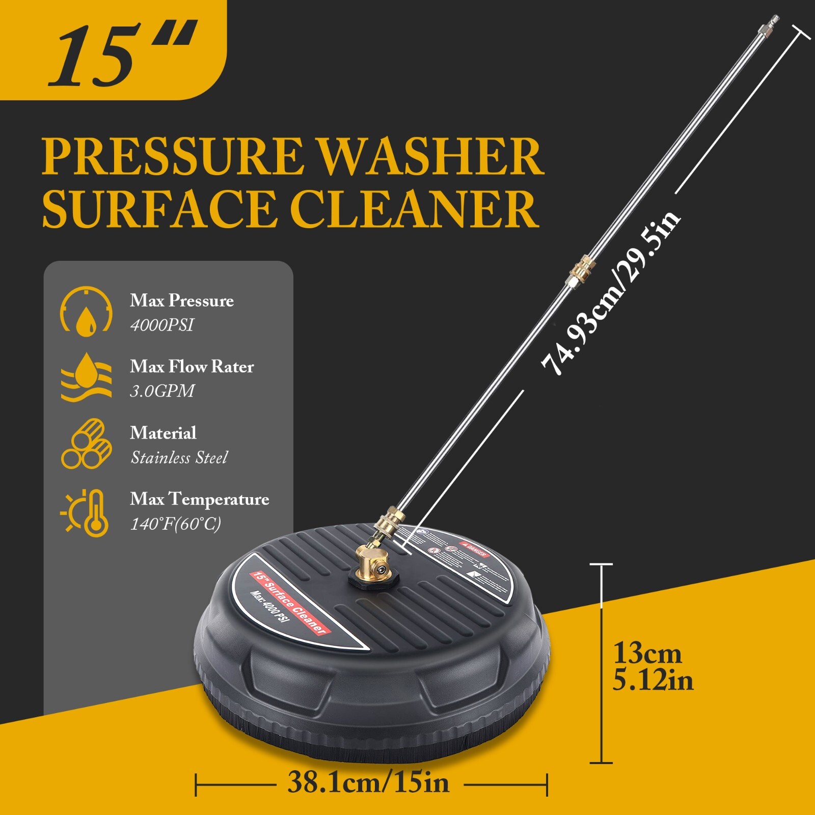 15 Inch Pressure Washer Surface Cleaner 4000PSI Power Washer Attachment for Deck