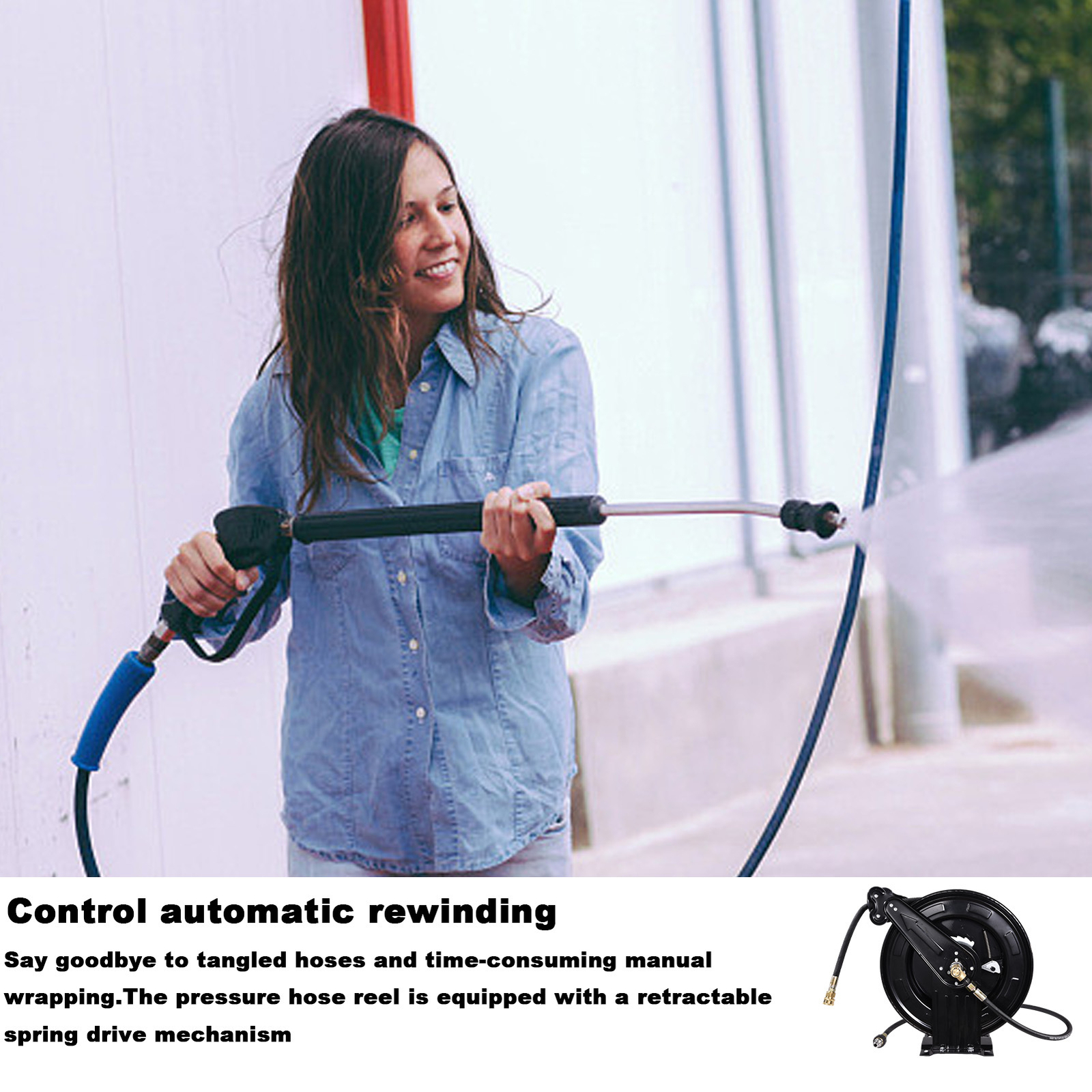 Pressure Washer Hose Reel 50ft with Swivel Arm, 3/8″ NPT Outlet Pipe, 4000 PSI